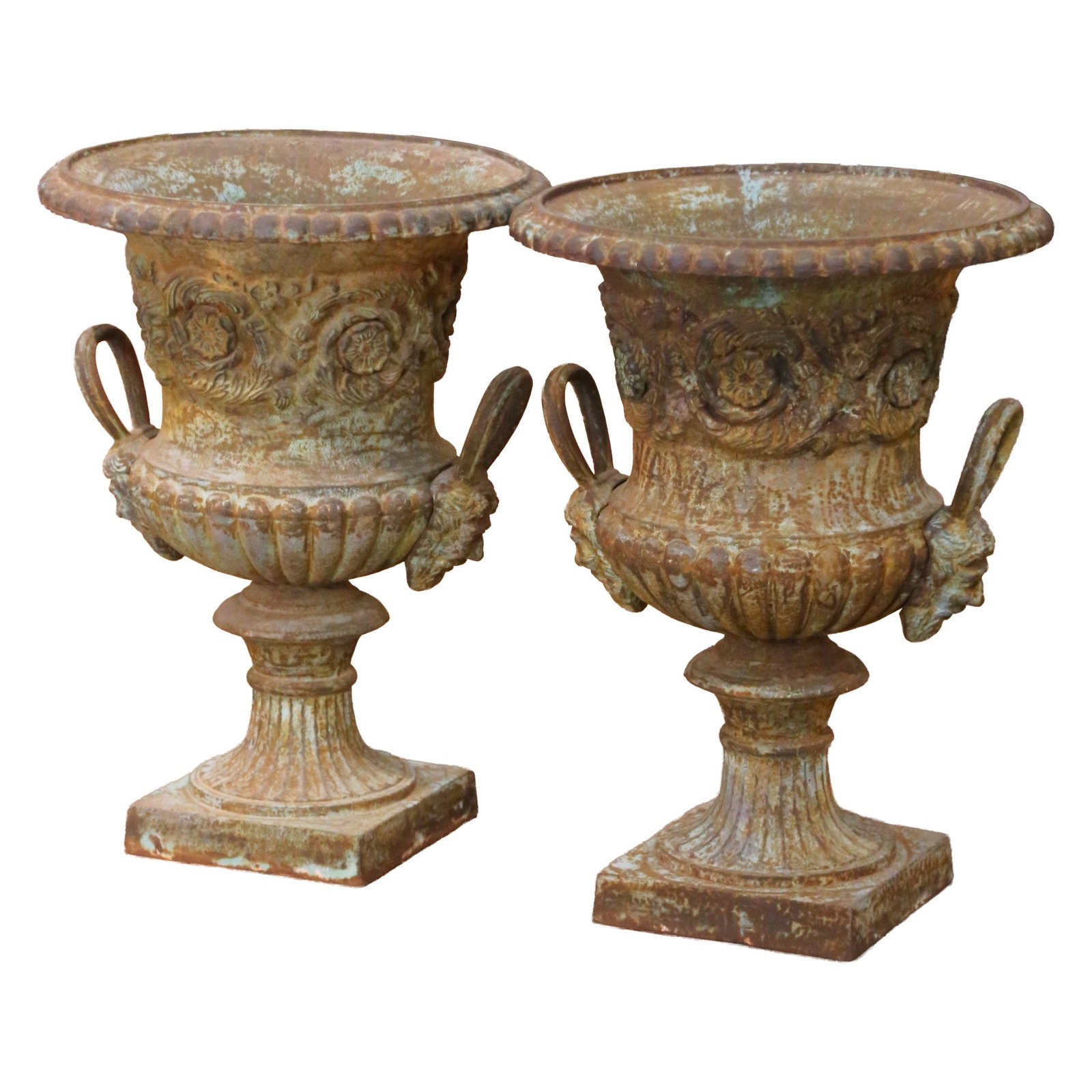 Set of 2 French cast iron campana urns with mask handles (1 of 9)
