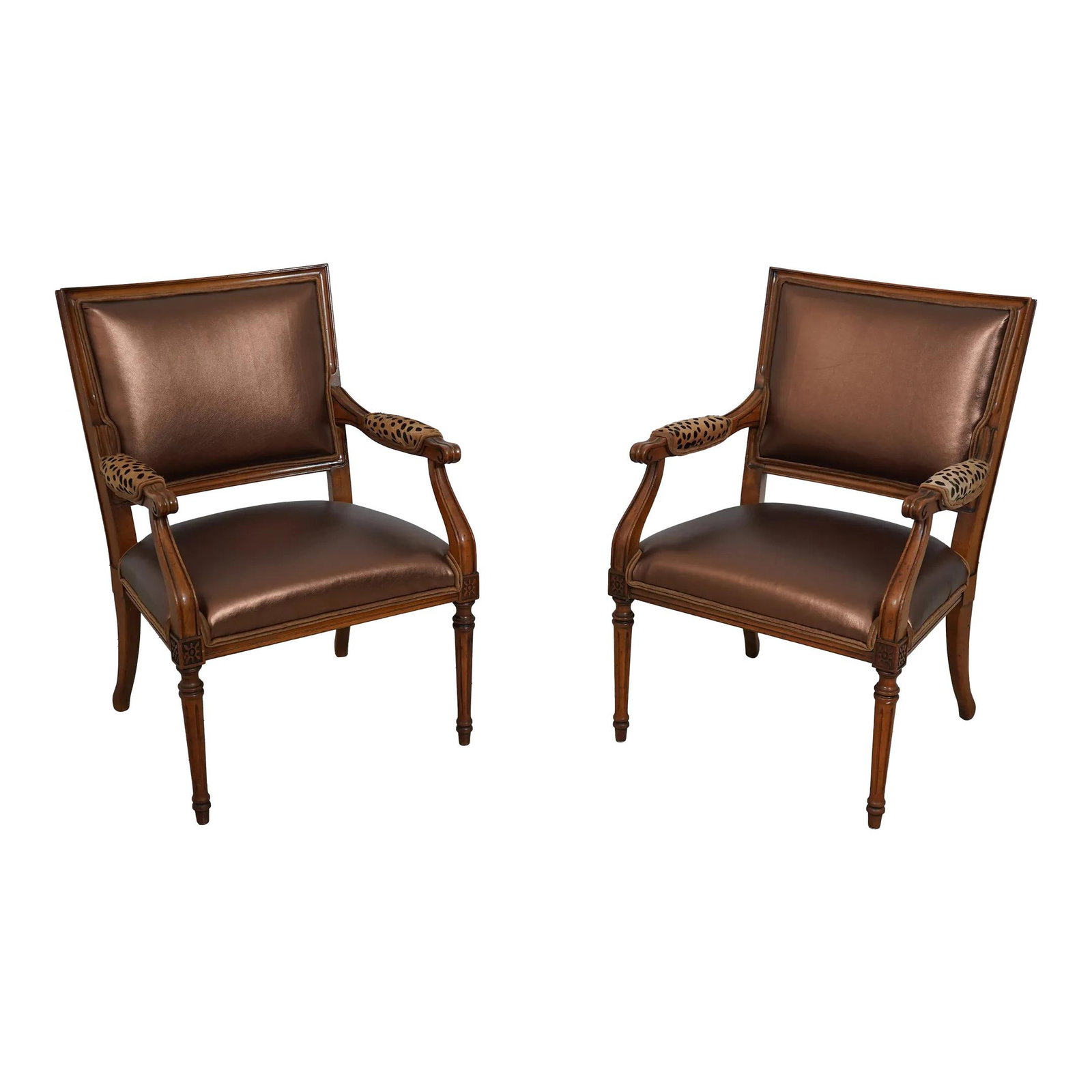 Stylish Cheetah Print Armchairs Newly Upholstered in Metallic Bronze: Stylish Cheetah Print Armchairs Newly Upholstered in Metallic Bronze This pair of armchairs features a striking cheetah print, newly upholstered for a fresh and vibrant look. These chairs, approximate