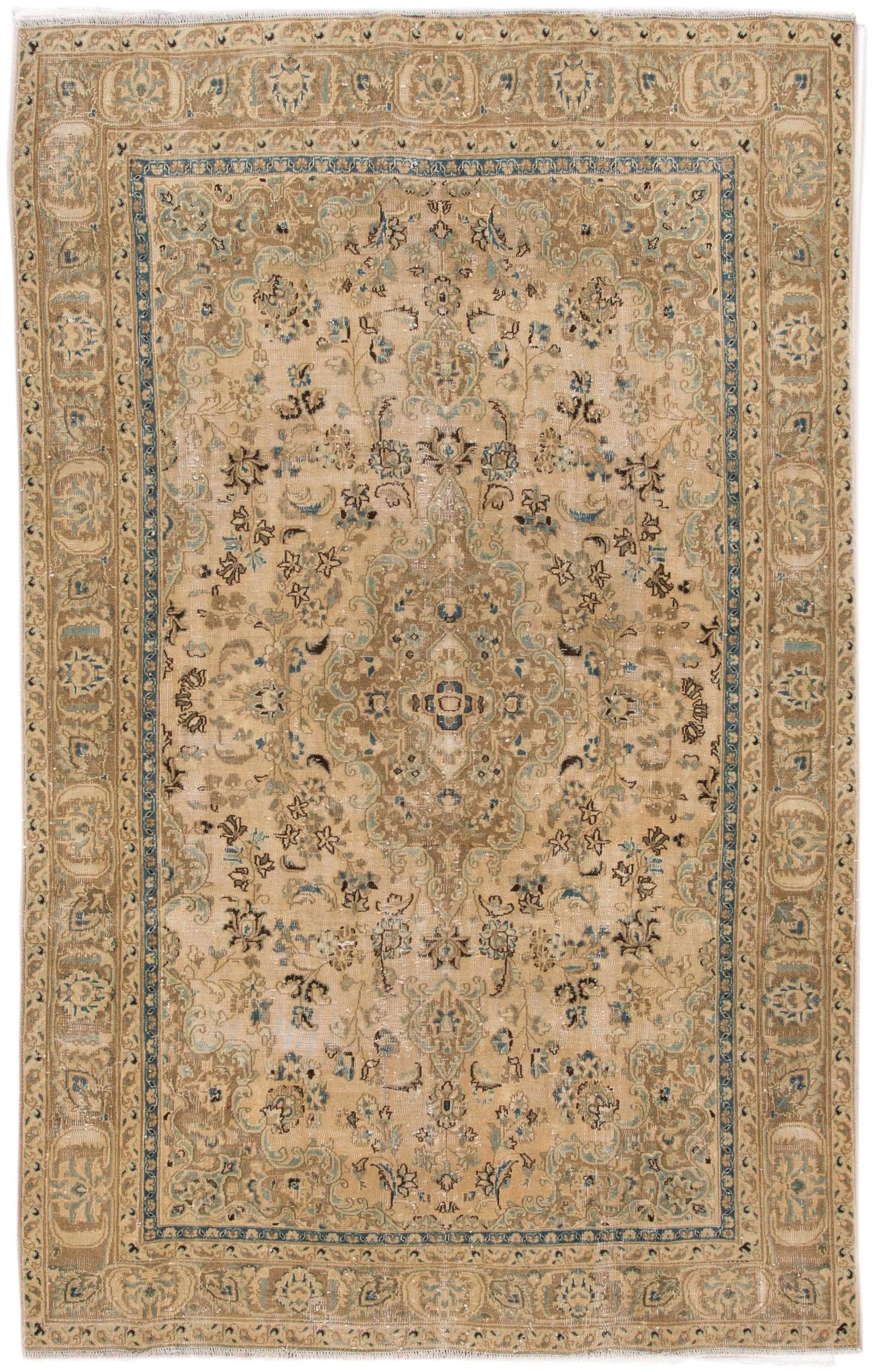 Vintage Persian Tabriz Beige Handmade Wool Medallion Rug 6 x 9'8: Vintage Persian Tabriz Beige Handmade Wool Medallion Rug 6 x 9'8 This exquisite vintage Persian Tabriz rug features a beautiful hand-knotted wool construction, showcasing a soft beige field. The desig