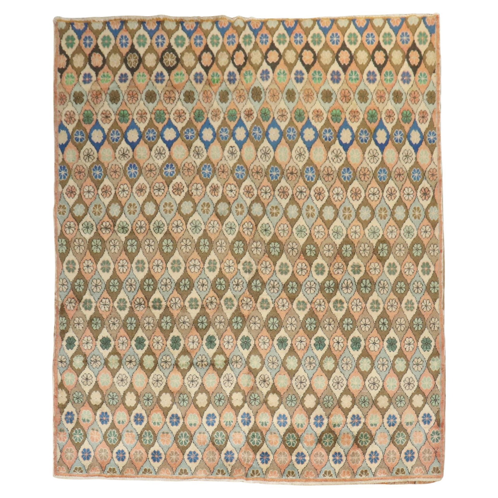 Unique Zabihi Collection Mid-Century Turkish Wool Rug 89 x 103: Unique Zabihi Collection Mid-Century Turkish Wool Rug 89 x 103 Experience the charm of a unique Mid-Century Modern square Turkish Anatolian rug, crafted from high-quality wool. This one-of-a-kind piec