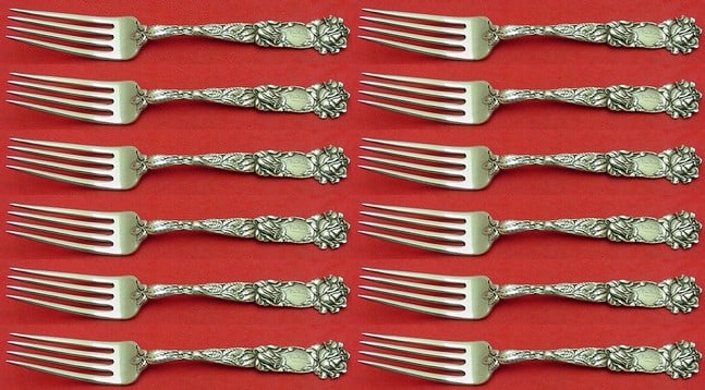 Alvin Bridal Rose Sterling Silver Forks Set of 12 Art Nouveau 6 3/4": Alvin Bridal Rose Sterling Silver Forks Set of 12 Art Nouveau 6 3/4" Enhance your dining experience with this exquisite set of 12 regular forks from the Bridal Rose pattern by Alvin. Crafted from high
