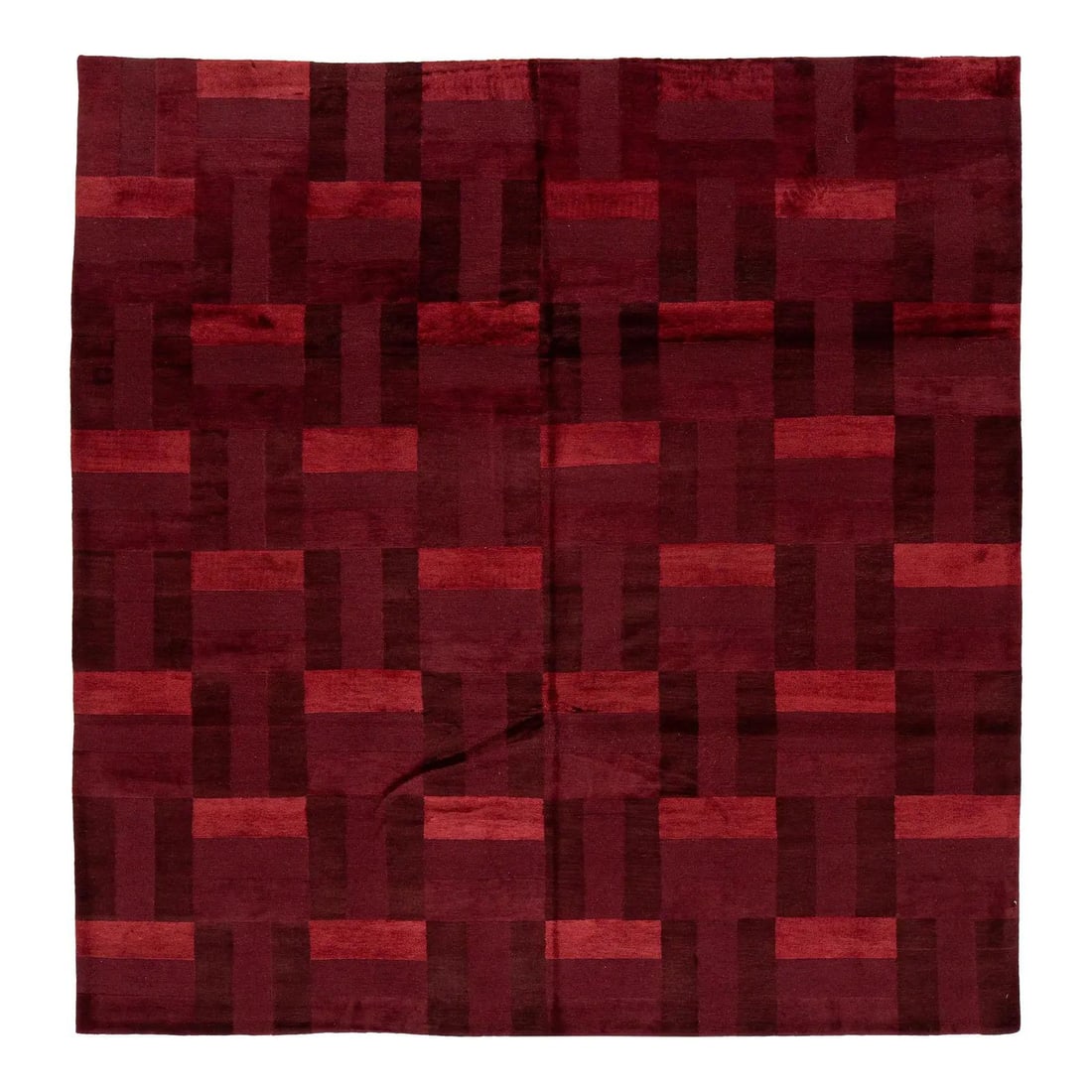 8'4" x 8'9" Burgundy Basketweave Wool Silk Modern Tibetan Hand-Knotted Rug: 8'4" x 8'9" Burgundy Basketweave Wool Silk Modern Tibetan Hand-Knotted Rug This modern Tibetan rug showcases a refined basketweave pattern in tonal shades of deep burgundy, oxblood, and garnet. Expert