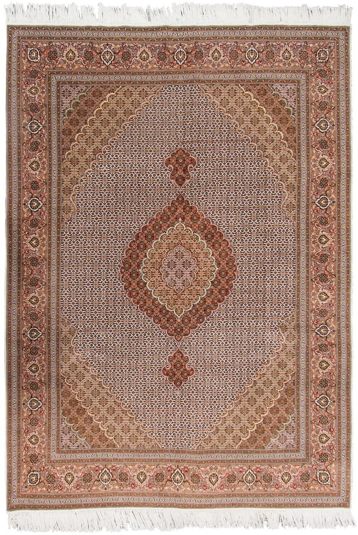 Hand Knotted Wool Silk Tabriz Medallion Area Rug 7x10 Ivory: Hand Knotted Wool Silk Tabriz Medallion Area Rug 7x10 Ivory This is a fine, hand-knotted Persian Tabriz area rug crafted from premium wool and silk. Featuring an intricate medallion and geometric patt