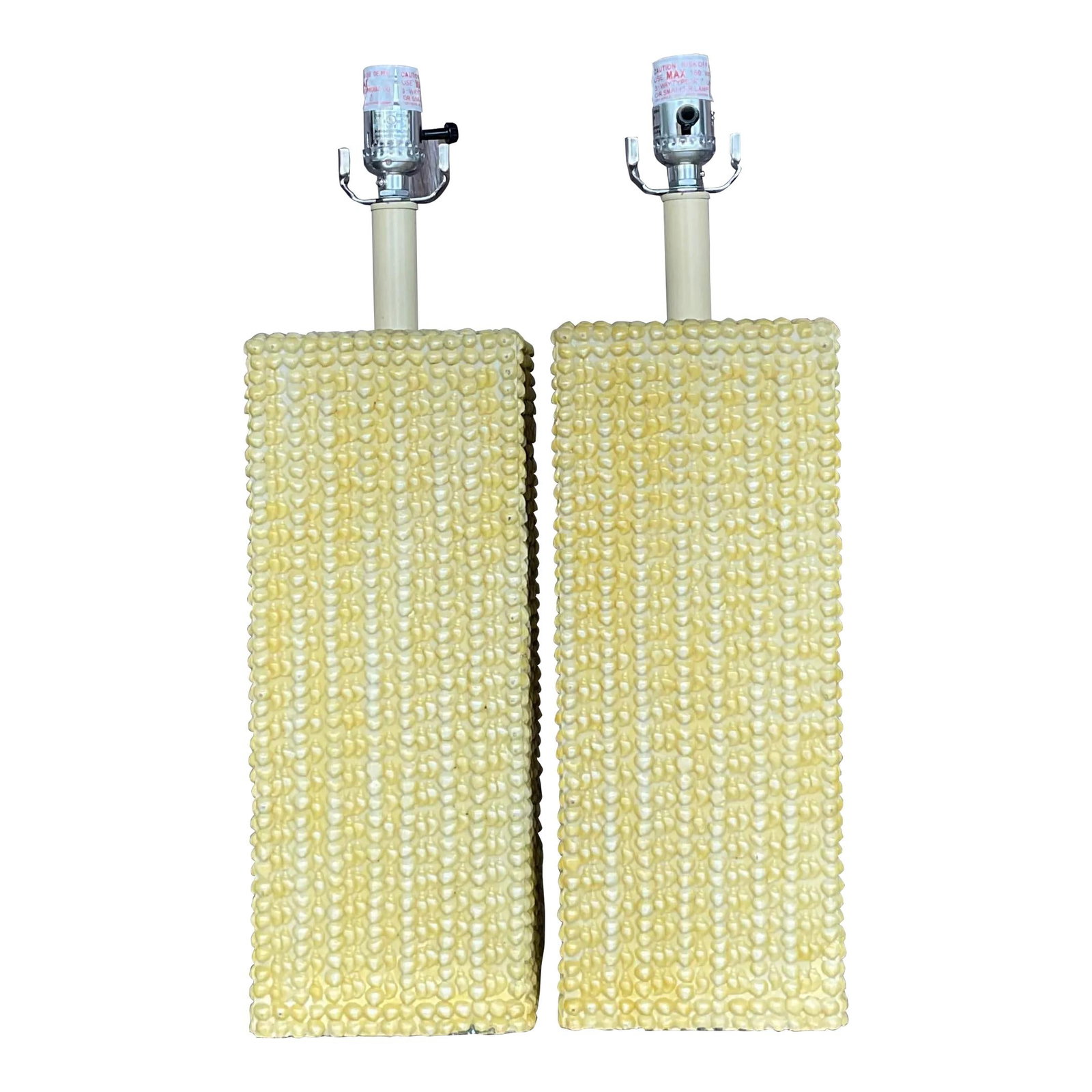 Pair of Vintage Boho Ceramic Table Lamps Light Yellow: Pair of Vintage Boho Ceramic Table Lamps Light Yellow Illuminate your home with this exquisite pair of Vintage Boho Glazed Ceramic Table Lamps. Featuring intricate bohemian designs and a captivating g