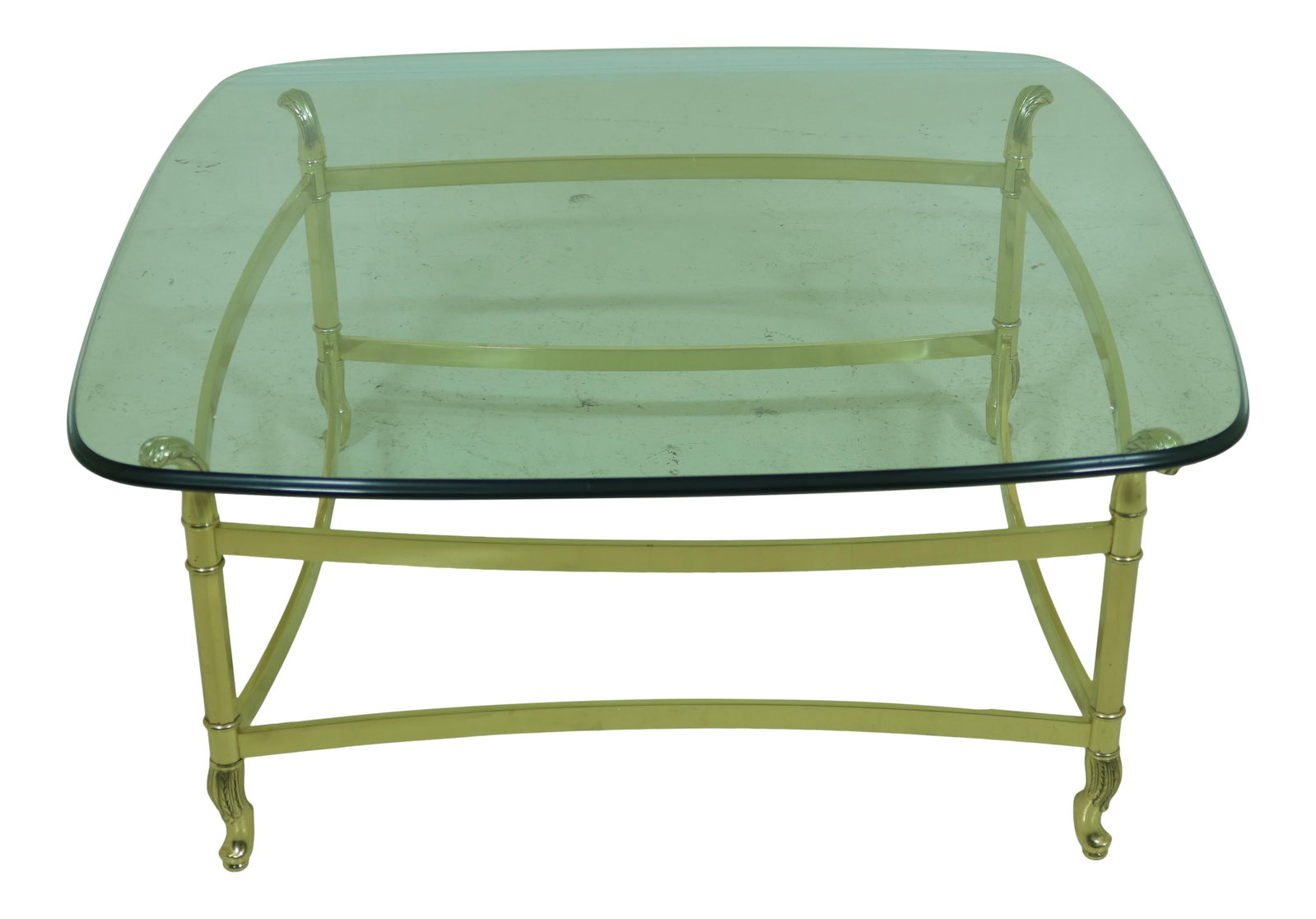 Vintage Labarge Brass Base Beveled Glass Coffee Table 38x38: Vintage Labarge Brass Base Beveled Glass Coffee Table 38x38 This exquisite Labarge coffee cocktail table combines high-quality construction with timeless elegance. Crafted approximately 30 years ago, 