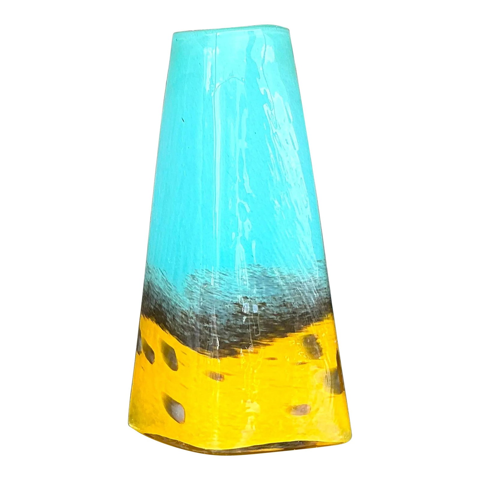 Vintage Boho Hand-Blown Art Glass Vase in Yellow: Vintage Boho Hand-Blown Art Glass Vase in Yellow Enhance your living space with this Vintage Boho Art Glass Vase, showcasing a captivating design that features vibrant swirls and a unique hand-blown c