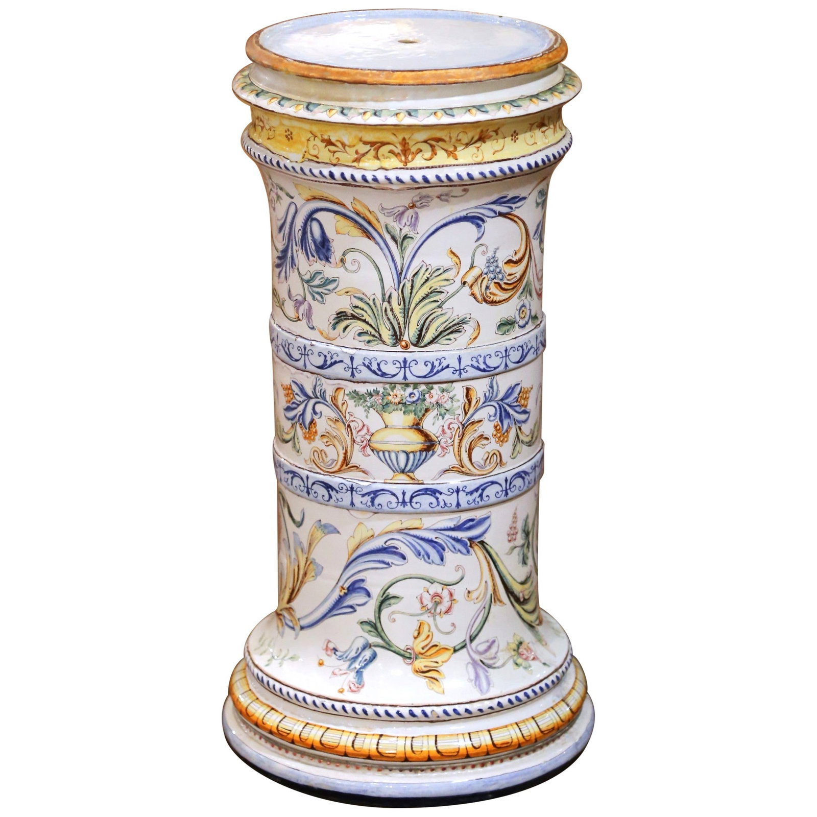 Italian Faience Pedestal Column Hand Painted Decor 25.75 in: Italian Faience Pedestal Column Hand Painted Decor 25.75 in This early 20th century Italian faience pedestal column features exquisite hand-painted decoration, showcasing scrolling acanthus foliage, f