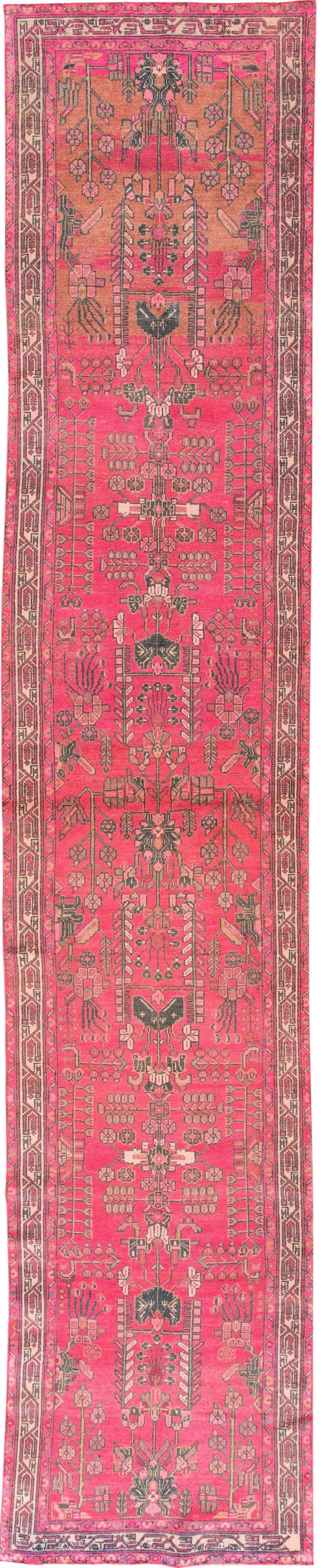 Stunning Early-20th Century Malayer Wool Runner Rug in Hot Pink: Stunning Early-20th Century Malayer Wool Runner Rug in Hot Pink This exquisite early-20th century Vintage Malayer runner rug showcases a stunning hand-knotted wool construction. The vibrant hot pink f
