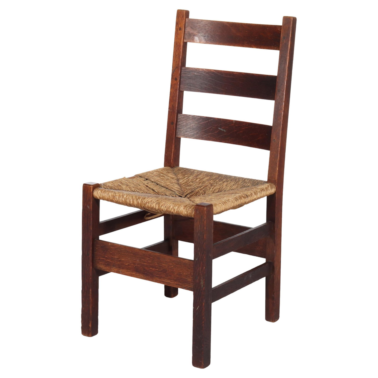 Antique Stickley Slat Back Oak Chair C1910 Arts and Crafts Rush Seat: Antique Stickley Slat Back Oak Chair C1910 Arts and Crafts Rush Seat This Antique Stickley Slat Back Oak Chair, crafted circa 1910, exemplifies the classic Arts and Crafts style. Made from durable oak