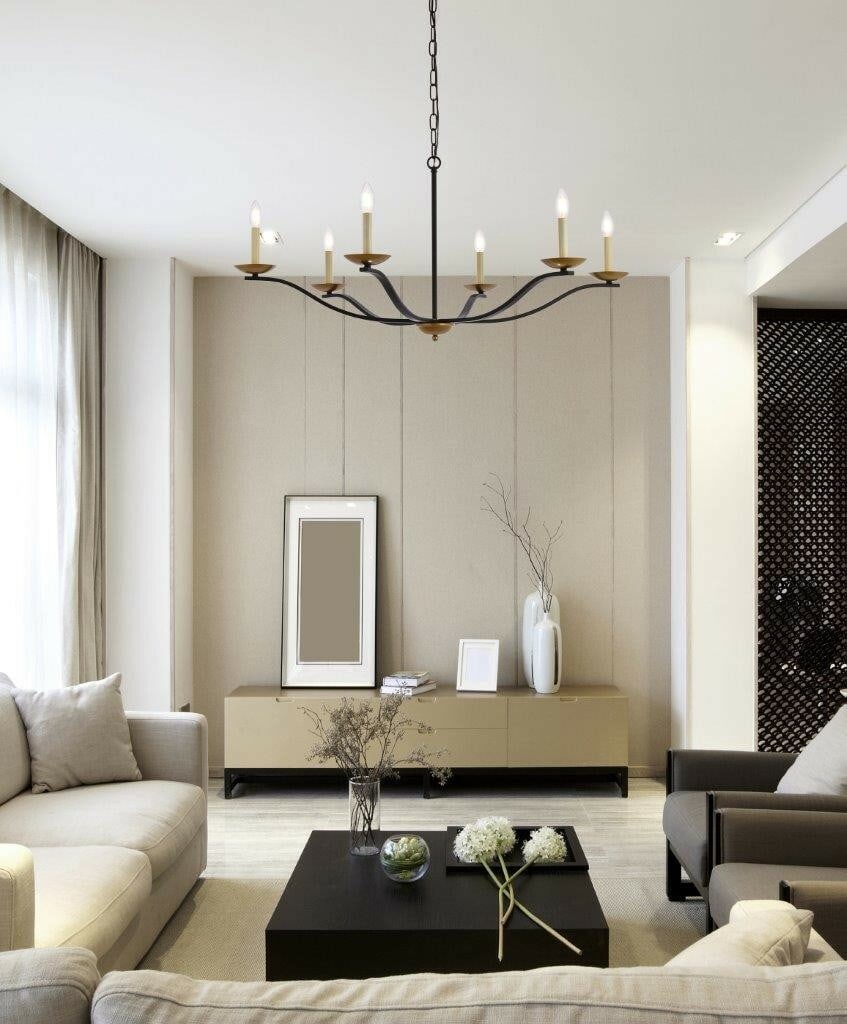 Living District Trey 6 Light Black Brass Chandelier: Living District Trey 6 Light Black Brass Chandelier This pre-owned chandelier features a striking black and brass metal frame in a rustic farmhouse style, inspired by mid-century modern and wrought ir
