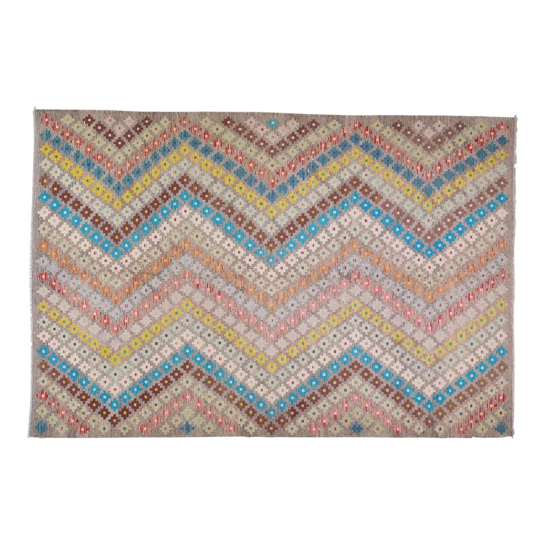 Afghan Wool Maimana Kilim Area Rug with Geometric Patterns 6'6 x 9'9: Afghan Wool Maimana Kilim Area Rug with Geometric Patterns 6'6 x 9'9 This Maimana Kilim rug features rhythmic geometric patterns and rich colors, typical of traditional craftsmanship from Afghanistan.