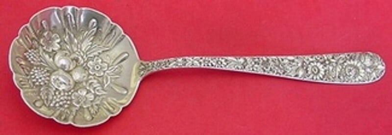 Kirk Repousse Sterling Silver Berry Spoon 7.5 Inch Fruit Design: Kirk Repousse Sterling Silver Berry Spoon 7.5 Inch Fruit Design This exquisite sterling silver berry spoon features a beautifully detailed repousse design, showcasing fruit in a bowl motif. Measuring 