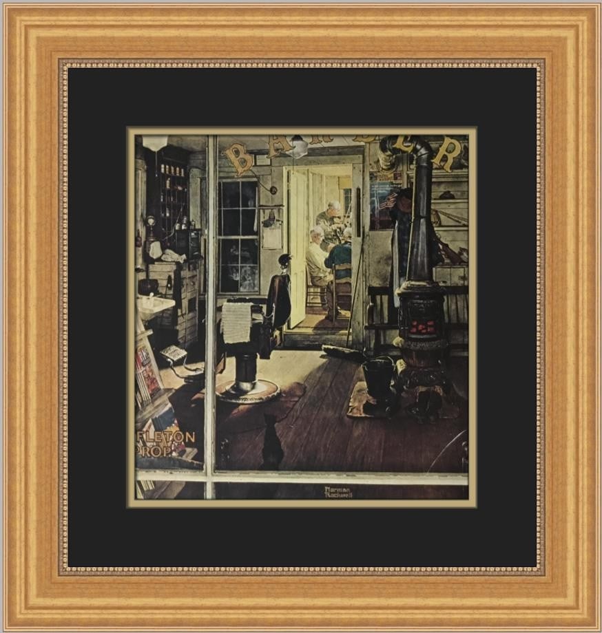 Norman Rockwell Shuffleton's Barber Shop Custom Framed Print 19 x 18: Norman Rockwell Shuffleton's Barber Shop Custom Framed Print 19 x 18 This beautiful custom framed print features Norman Rockwell's iconic artwork "Shuffleton's Barber Shop," a quintessential represent