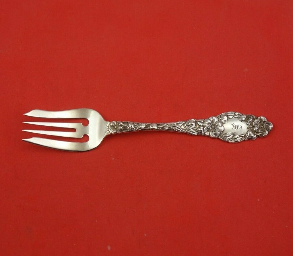 Dominick & Haff Blossom Sterling Silver Salad Fork with Monogram 5 3/4": Dominick & Haff Blossom Sterling Silver Salad Fork with Monogram 5 3/4" This exquisite salad fork from the Blossom pattern by Dominick & Haff showcases timeless elegance in sterling silver. Measuring 