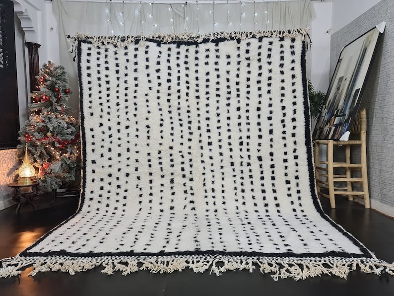 Authentic Handwoven Soft White Dotted Rug 9.84 x 6.56 Feet Morocco: Authentic Handwoven Soft White Dotted Rug 9.84 x 6.56 Feet Morocco Experience the charm of the Atlas Mountains with this authentic Soft White Dotted Rug, handwoven by skilled Berber women weavers. Mad