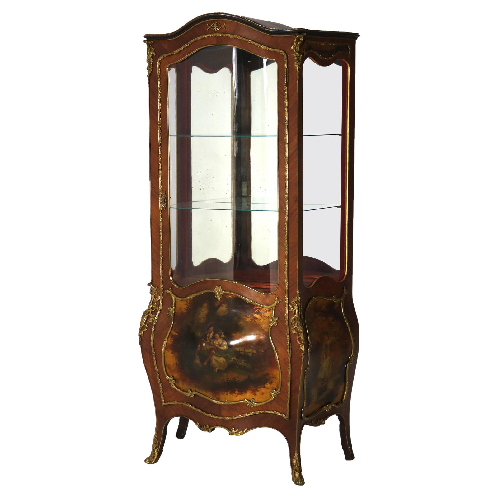 Antique French Kingwood Bombe Vitrine With Vernis Martin Decoration Ormolu Mounts: Antique French Kingwood Bombe Vitrine With Vernis Martin Decoration Ormolu Mounts This antique French vitrine, dating to circa 1900, features Vernis Martin decoration on a bombe-shaped kingwood frame,
