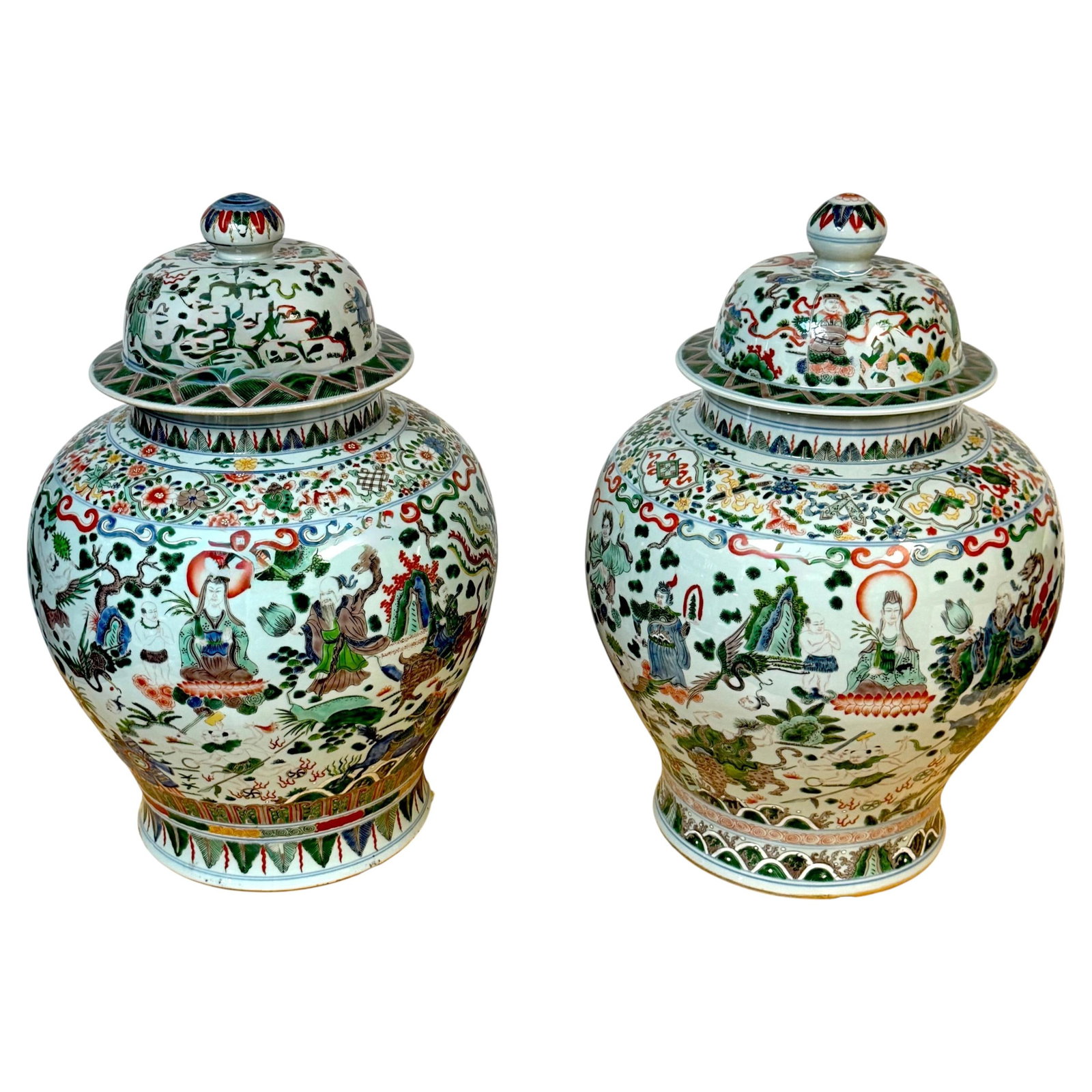 Set of 2 Chinese Famille Verte Covered Ginger Jars Qing Dynasty: Set of 2 Chinese Famille Verte Covered Ginger Jars Qing Dynasty This pair of monumental Chinese Famille Verte ginger jars dates to the late Qing Dynasty to early Republic period, circa 1880-1920. Craf