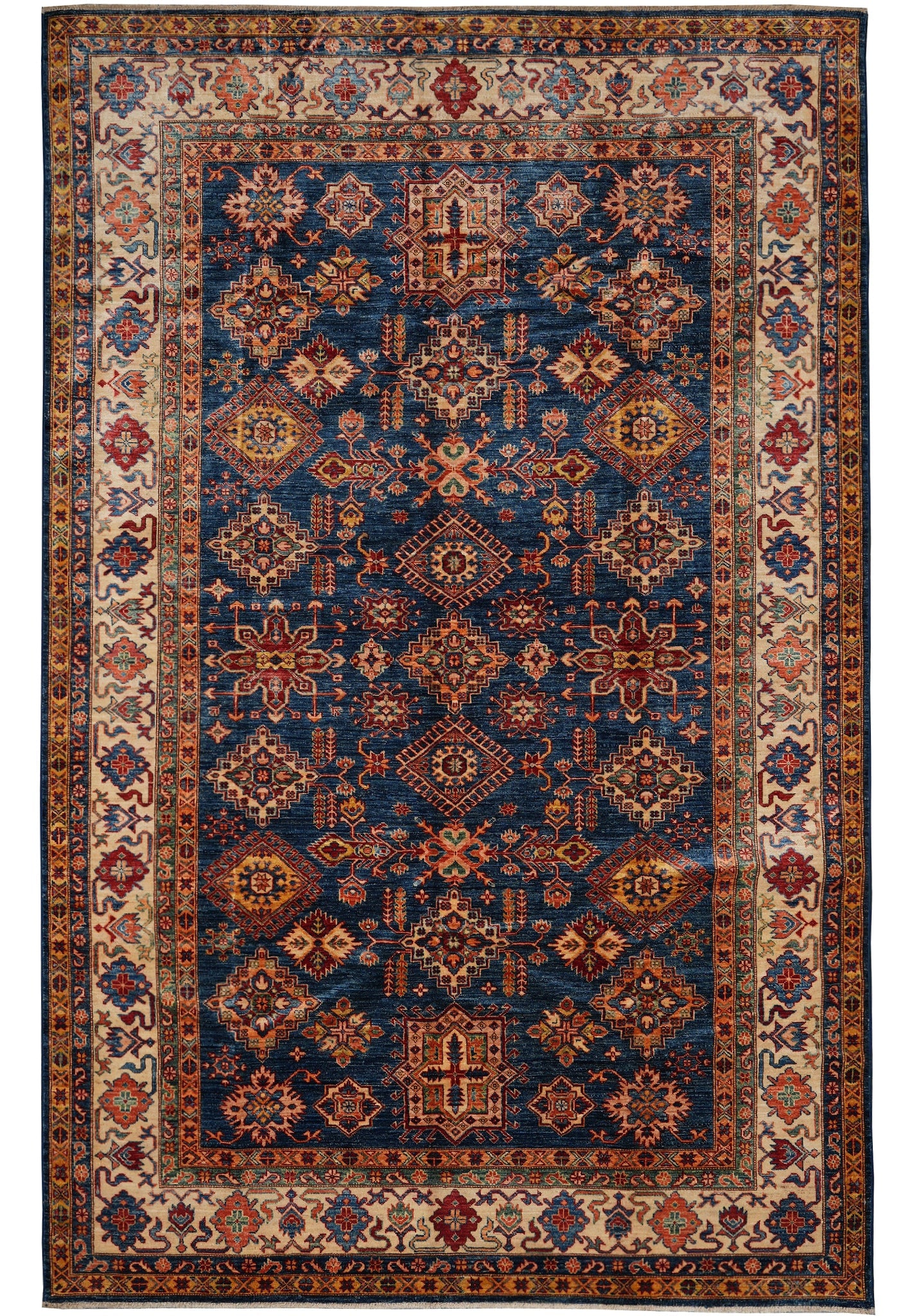 7 x 10 Hand Knotted Royal Blue Kazak Wool Carpet with Geometric Motifs: 7 x 10 Hand Knotted Royal Blue Kazak Wool Carpet with Geometric Motifs Free continental US Shipping This 7 x 10 Super Royal Blue Kazak Quality Carpet is hand-knotted by skilled artisans using high-qua