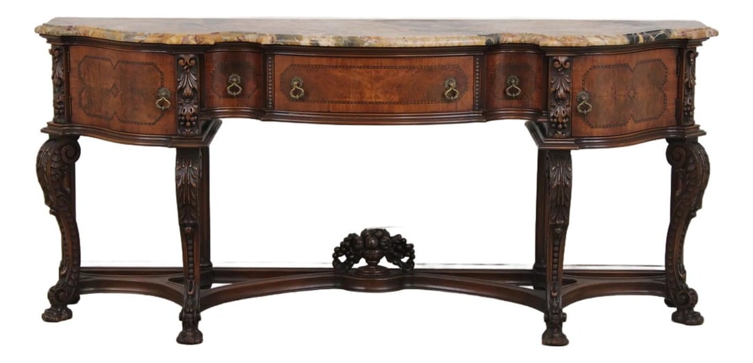 Walnut Sideboard with Marble Top Carved Inlay 86w x 23.5d x 37.5h (1 of 10)