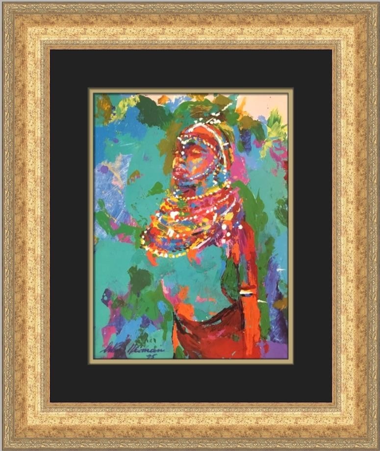 Framed LeRoy Neiman Maasai Open Edition Lithograph Print: Framed LeRoy Neiman Maasai Open Edition Lithograph Print Custom framed open edition print by LeRoy Neiman titled Maasai. The piece is matted and framed in a 2 1/2" antique gold frame with double matti