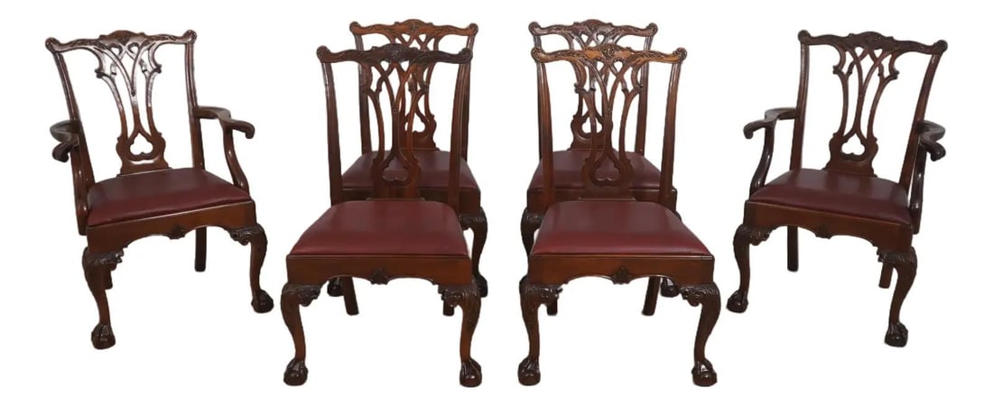 Stickley Mahogany Chippendale Dining Chairs Set of 6: Stickley Mahogany Chippendale Dining Chairs Set of 6 This set of six Stickley dining chairs features finely carved mahogany in the traditional Chippendale style. The chairs are constructed with high-q