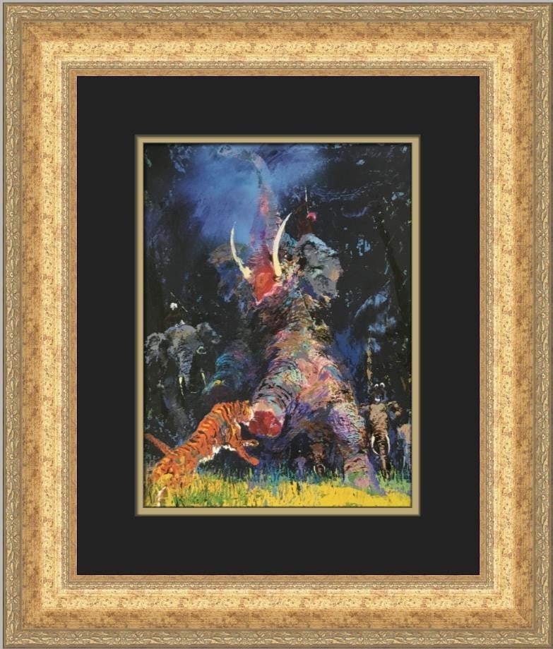 Framed LeRoy Neiman Shikar Wild Elephant open edition lithograph print: Framed LeRoy Neiman Shikar Wild Elephant open edition lithograph print Custom framed open edition print titled Shikar Wild Elephant by LeRoy Neiman. The print is on paper and produced using lithograph
