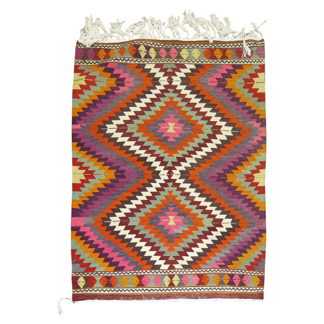 Vintage Bohemian Turkish Kilim Hand-Knotted Wool Rug 45x59: Vintage Bohemian Turkish Kilim Hand-Knotted Wool Rug 45x59 This stunning Bohemian Vintage Turkish Kilim is a colorful masterpiece that showcases the rich textile heritage of Turkey. Hand-knotted from 
