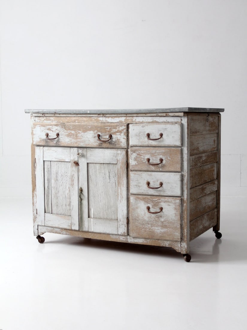 Galvanized Top Farmhouse Kitchen Island Table with Drawers and Cupboard Doors (1 of 18)