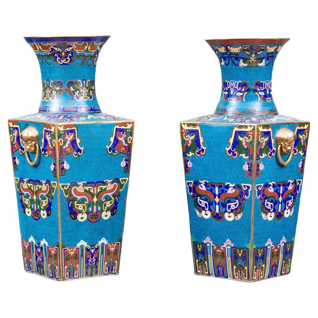 Set of Two Large Chinese Cloisonne Enameled Brass Vases c1900: Set of Two Large Chinese Cloisonne Enameled Brass Vases c1900 This is a finely crafted pair of large Chinese cloisonne enameled vases from the late 19th century. Each vase features a rectangular shape