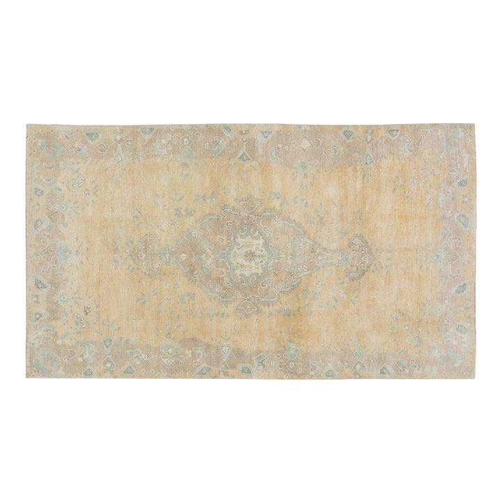 Hand-Knotted Wool Anatolian Rug in Tan 4'4" x 8' Vintage Turkish: Hand-Knotted Wool Anatolian Rug in Tan 4'4" x 8' Vintage Turkish This vintage Turkish Anatolian hand-knotted wool rug showcases traditional craftsmanship with a modern design approach. Expertly crafte