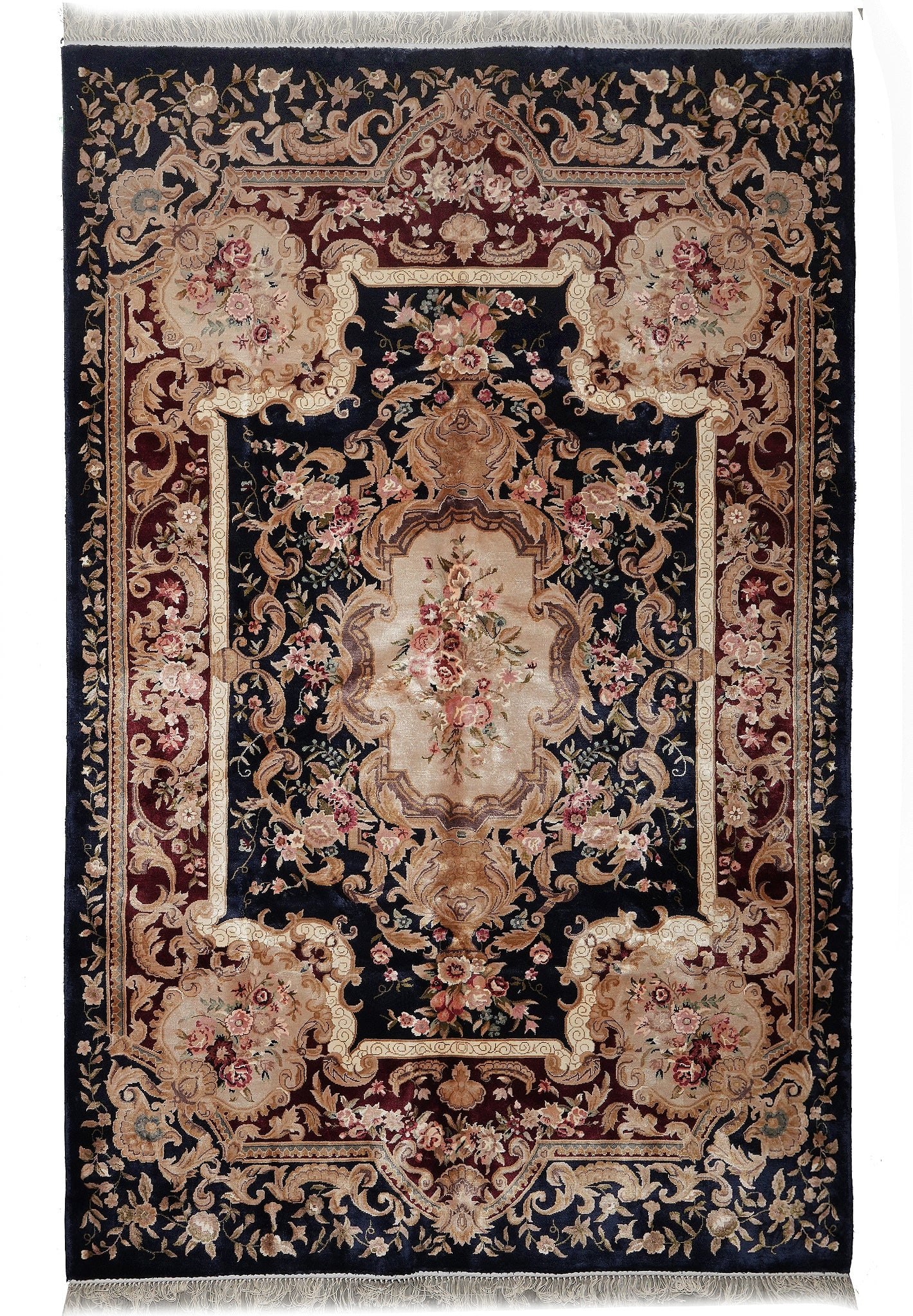6 x 9 French Aubusson Hand-Knotted Silk Area Rug Black: 6 x 9 French Aubusson Hand-Knotted Silk Area Rug Black Free continental US Shipping Hand-knotted French Aubusson silk rug in a black colorway, sized 6 x 9. The rug features a decorative floral and orn