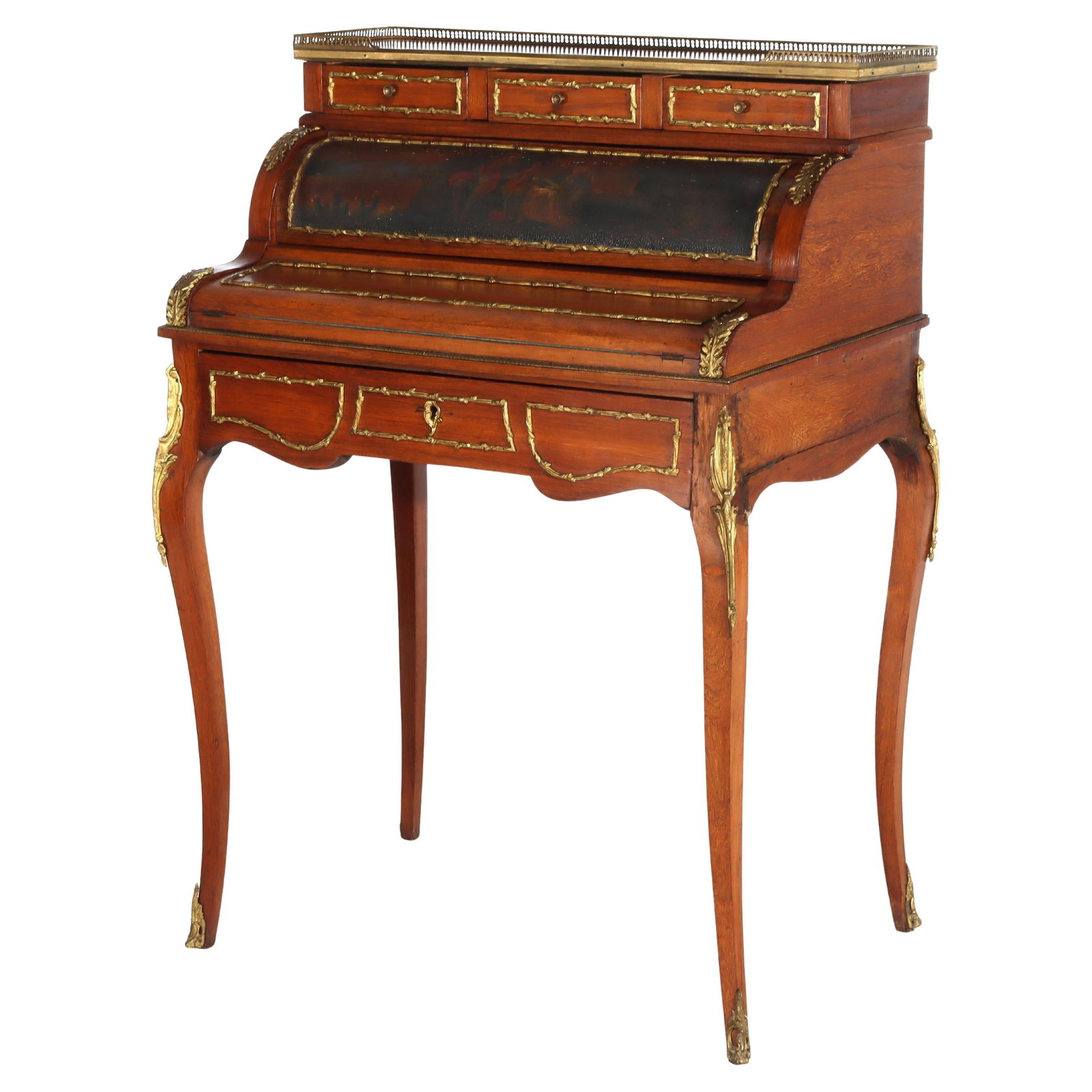Late 19th Century French Mahogany Roll Top Desk with Ormolu and Vernis Martin Panel: Late 19th Century French Mahogany Roll Top Desk with Ormolu and Vernis Martin Panel This antique French Louis XIV style lady's roll top desk, dating to circa 1890, is crafted from mahogany and beautif