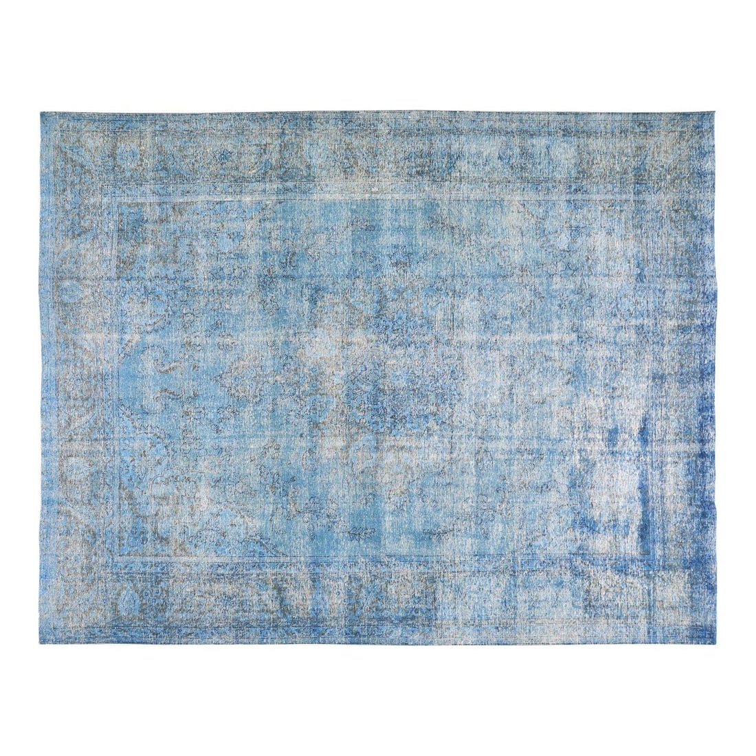 Blue Wool Area Rug Hand Knotted 9'8 x 12'6 Vintage: Blue Wool Area Rug Hand Knotted 9'8 x 12'6 Vintage This vintage wool rug is hand-knotted using traditional techniques, combining timeless craftsmanship with a modern design sensibility. Its durable an