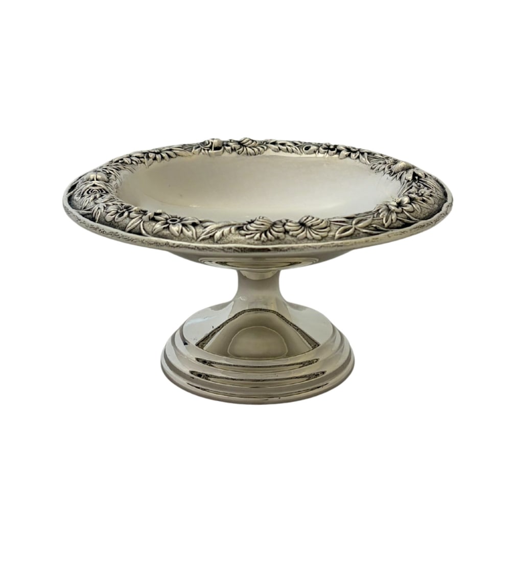 S Kirk Son Sterling Silver Repousse Candy Bowl: S Kirk Son Sterling Silver Repousse Candy Bowl This antique S. Kirk & Son candy dish or bowl is crafted from .925 sterling silver and features handmade floral repousse designs. It has a shiny, sleek f