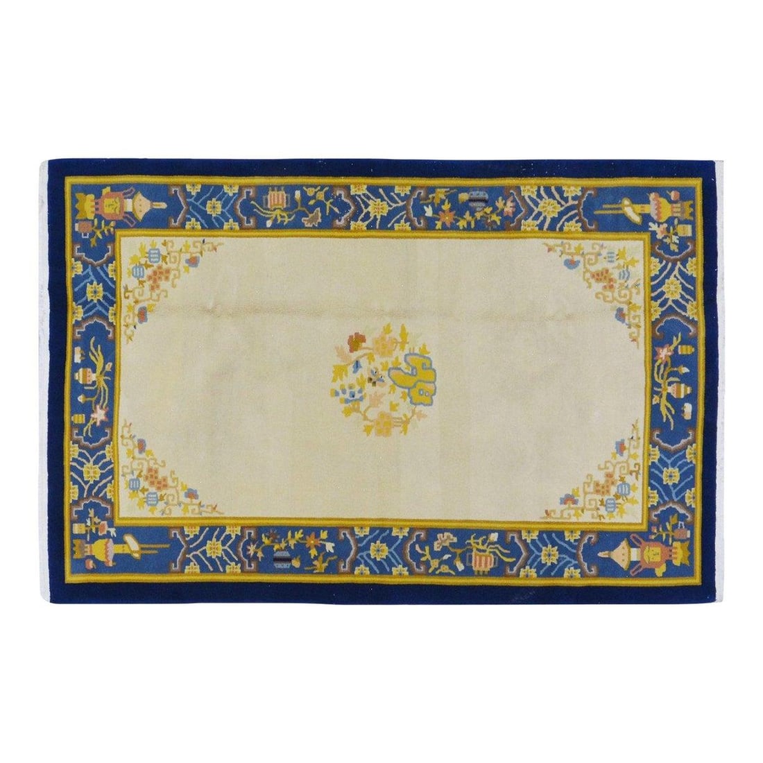 Hand-Knotted Wool Art Deco Rug in Beige 5'x7'9" Chinese Vintage: Hand-Knotted Wool Art Deco Rug in Beige 5'x7'9" Chinese Vintage This vintage Chinese Art Deco rug is hand-knotted from wool using traditional rug-making techniques. Its design blends classic craftsman
