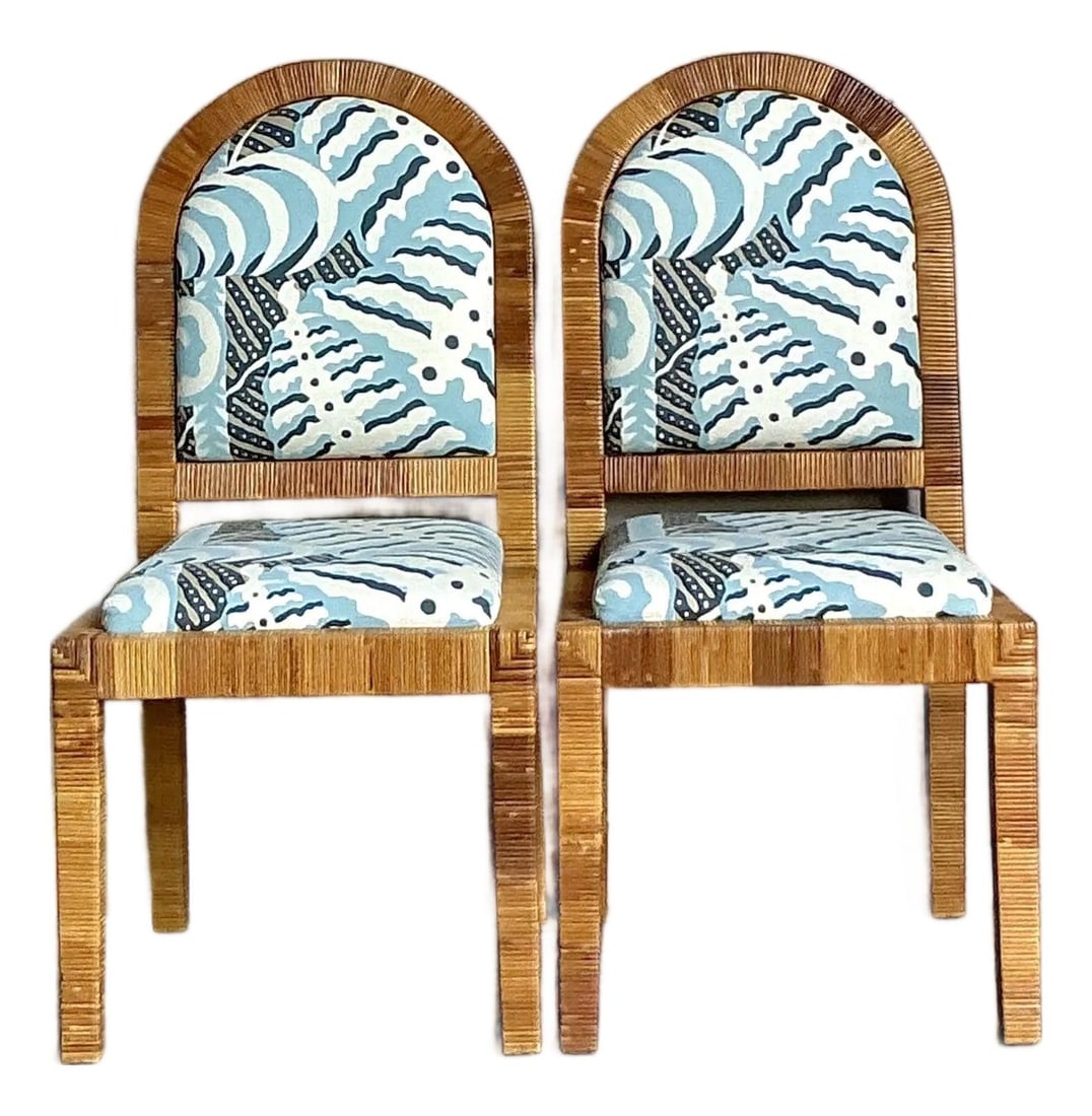 Pair of Wrapped Rattan Dining Chairs in Alan Campbell Ferns Upholstery: Pair of Wrapped Rattan Dining Chairs in Alan Campbell Ferns Upholstery This pair of vintage dining chairs by Bielecky Brothers features clean architectural lines crafted from tightly wrapped vertical 