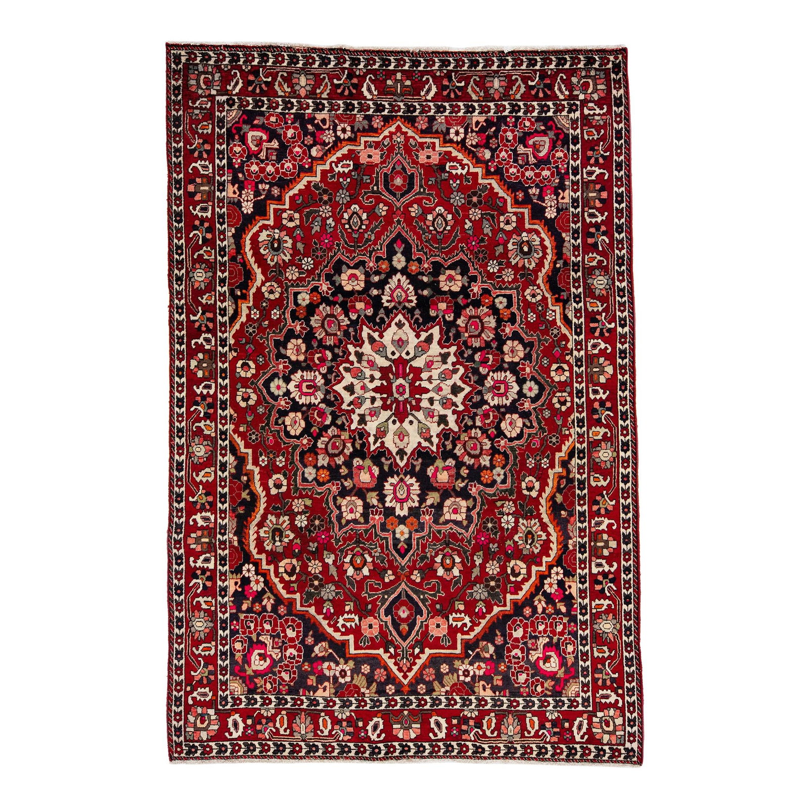 Vintage Persian Bakhtiari Hand-Knotted Wool Rug 6'7 x 10'1 Navy Blue: Vintage Persian Bakhtiari Hand-Knotted Wool Rug 6'7 x 10'1 Navy Blue Discover the elegance of this vintage Persian Bakhtiari hand-knotted wool rug, featuring a rich navy blue color field adorned with 