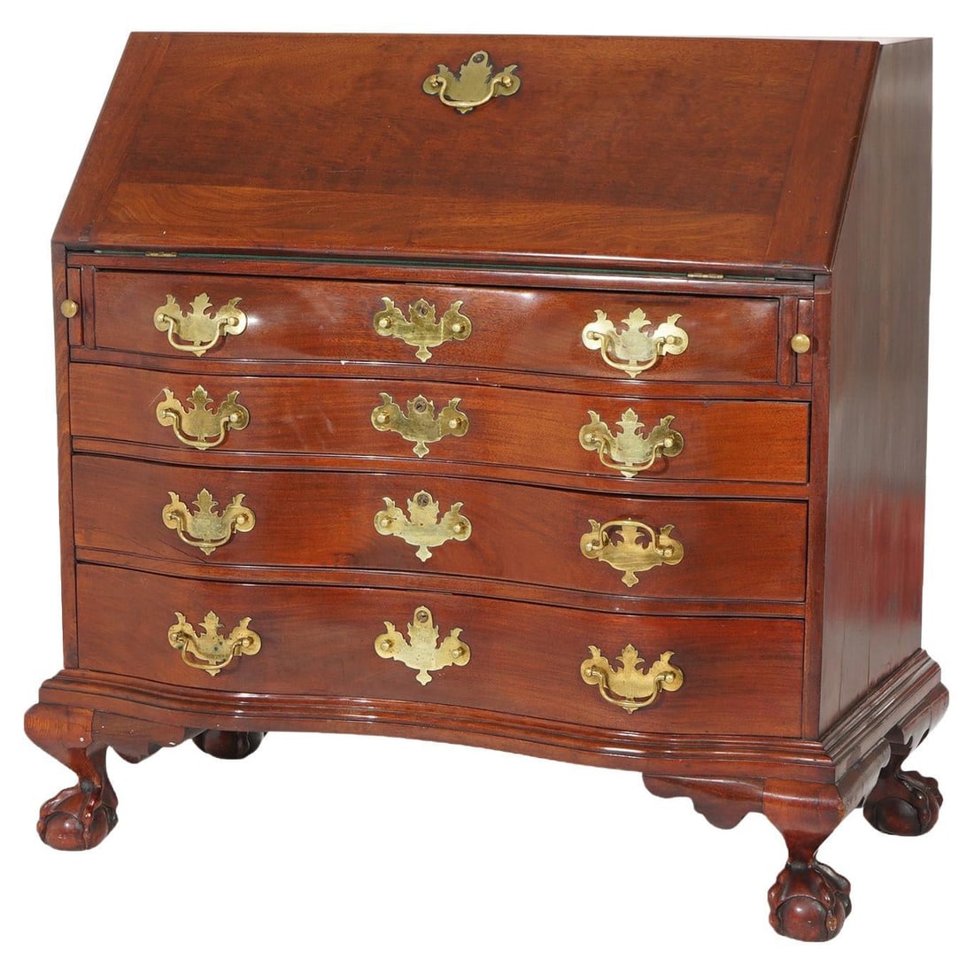 Century Chippendale Mahogany Serpentine Drop-Front Desk 20th C: Century Chippendale Mahogany Serpentine Drop-Front Desk 20th C This exquisite Chippendale style drop-front desk by Century embodies the elegance of 20th-century design. Crafted from rich mahogany, the