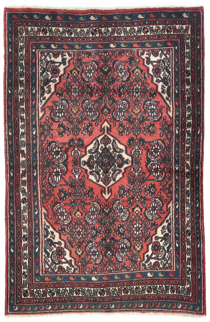 Hand-Knotted Wool Tribal Floral Rug 4'5 x 6'8 Vintage Western Asia: Hand-Knotted Wool Tribal Floral Rug 4'5 x 6'8 Vintage Western Asia This vintage tribal floral oriental rug is handmade using wool and features a hand-knotted weave. The rug displays a floral pattern i