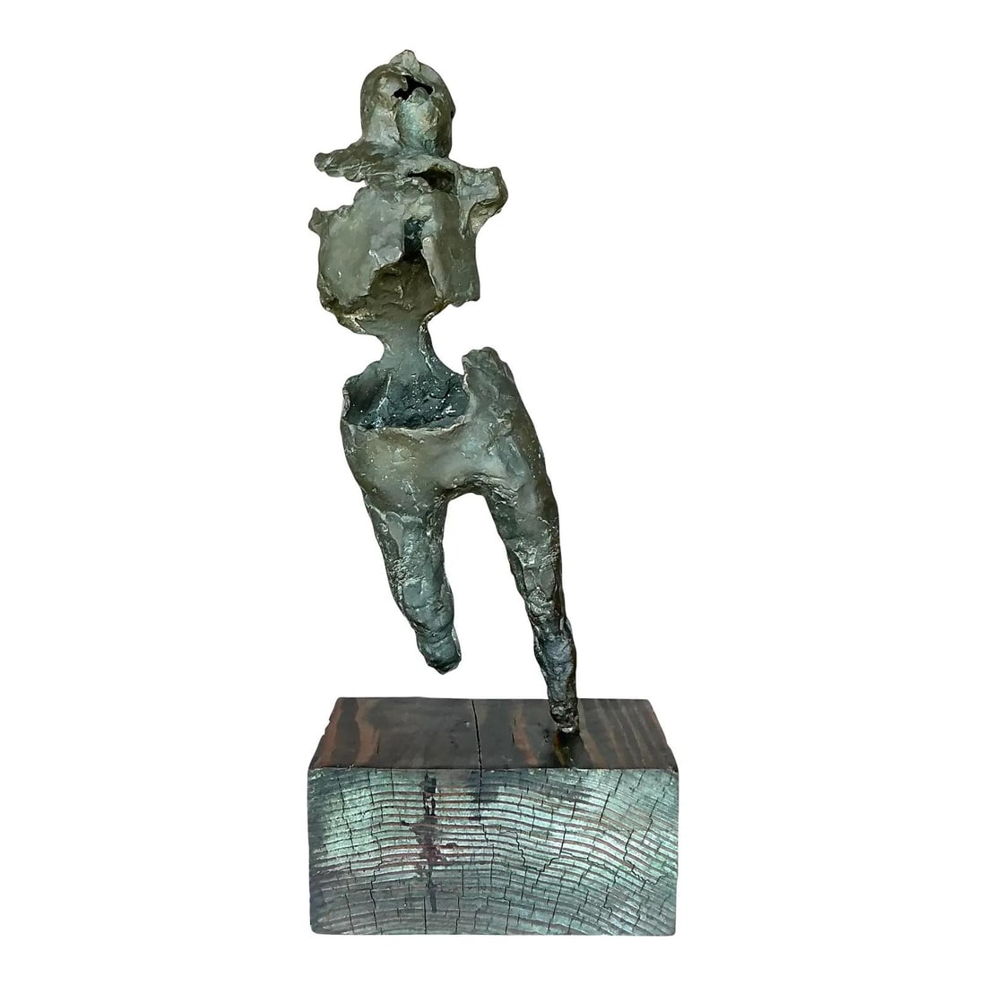 Vintage Patinated Bronze Abstract Sculpture on Wooden Base: Vintage Patinated Bronze Abstract Sculpture on Wooden Base Discover a captivating piece of art with this Vintage Patinated Bronze Abstract Figurative Sculpture. This solid bronze sculpture showcases a