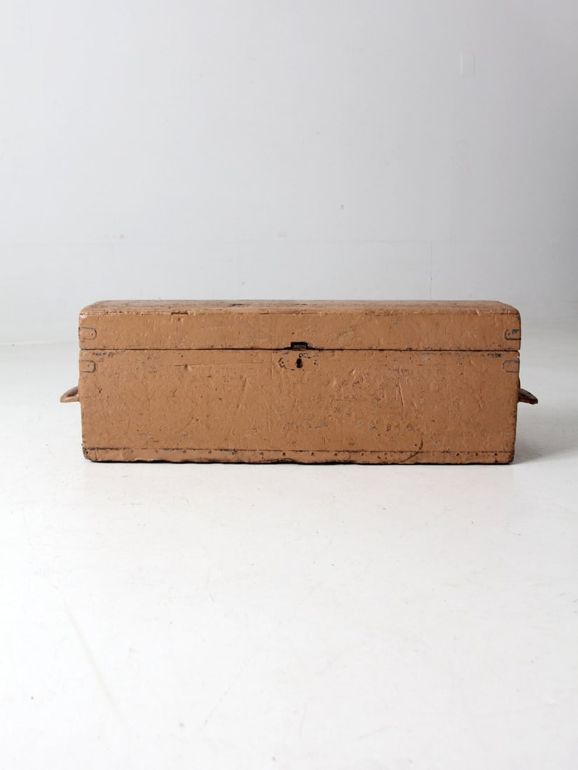 Mid 20th Century Vintage Handmade Tool Box with Removable Tray: Mid 20th Century Vintage Handmade Tool Box with Removable Tray This mid 20th century vintage handmade tool box showcases a rustic charm, featuring a tan painted finish and sturdy metal handles on the 