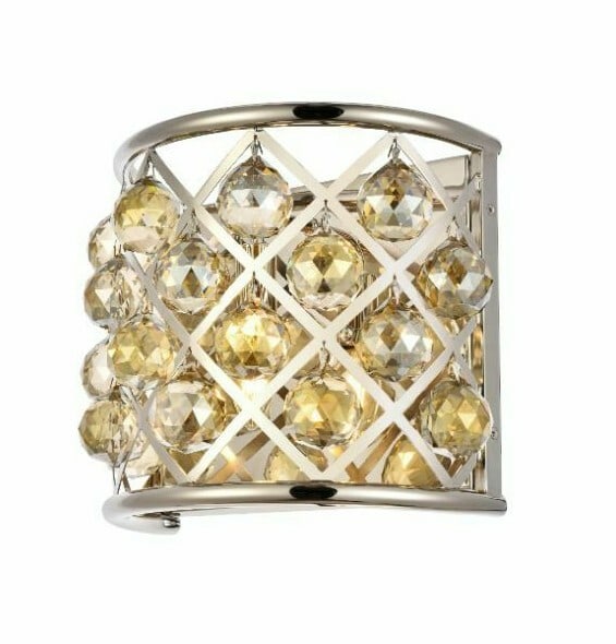 Madison 1 Light Wall Sconce Polished Nickel Golden Teak Crystal 11.5: Madison 1 Light Wall Sconce Polished Nickel Golden Teak Crystal 11.5 Polished nickel wall sconce with faceted Golden Teak Royal Cut crystal balls. It is a 1-light fixture designed for indoor use and h