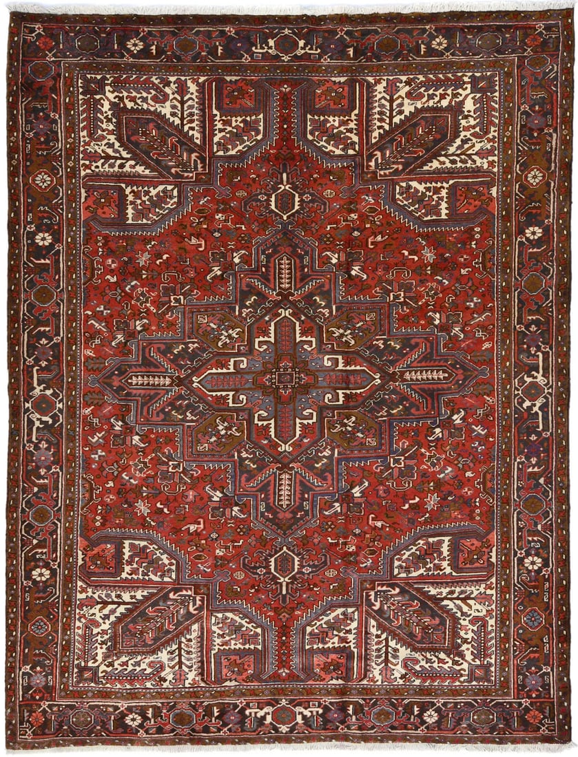 Hand-Knotted Wool Heriz Area Rug 8'6 x 10'10 Vintage Geometric Pattern: Hand-Knotted Wool Heriz Area Rug 8'6 x 10'10 Vintage Geometric Pattern This vintage hand-knotted Heriz rug features a geometric pattern in shades of red, plum, cream, khaki, and bittersweet red. Craft