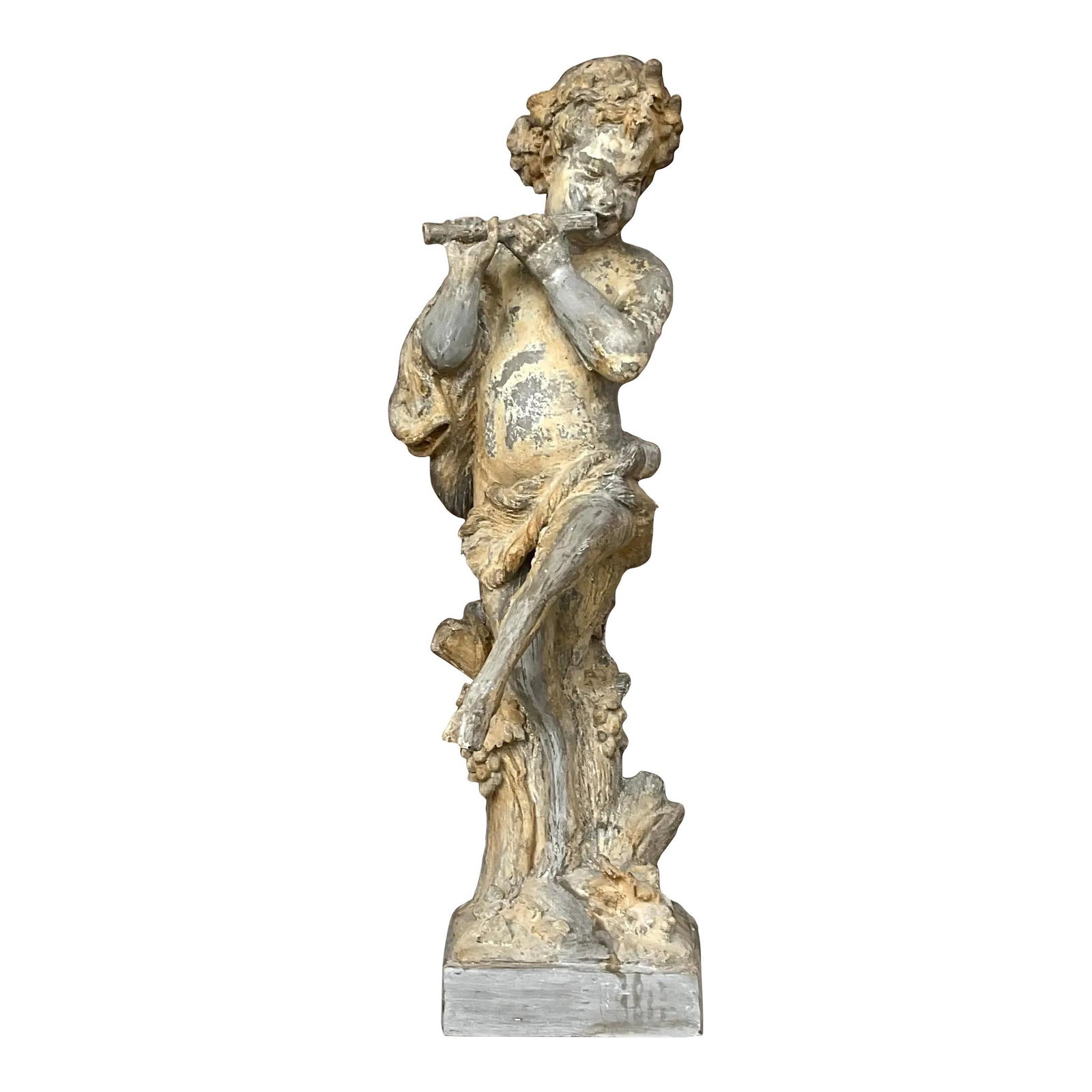 Vintage Dove Gray Patinated Resin Wood Nymph Sculpture 42.75": Vintage Dove Gray Patinated Resin Wood Nymph Sculpture 42.75" This exquisite vintage wood nymph sculpture captures the enchanting essence of nature with a whimsical touch. Crafted from patinated resin