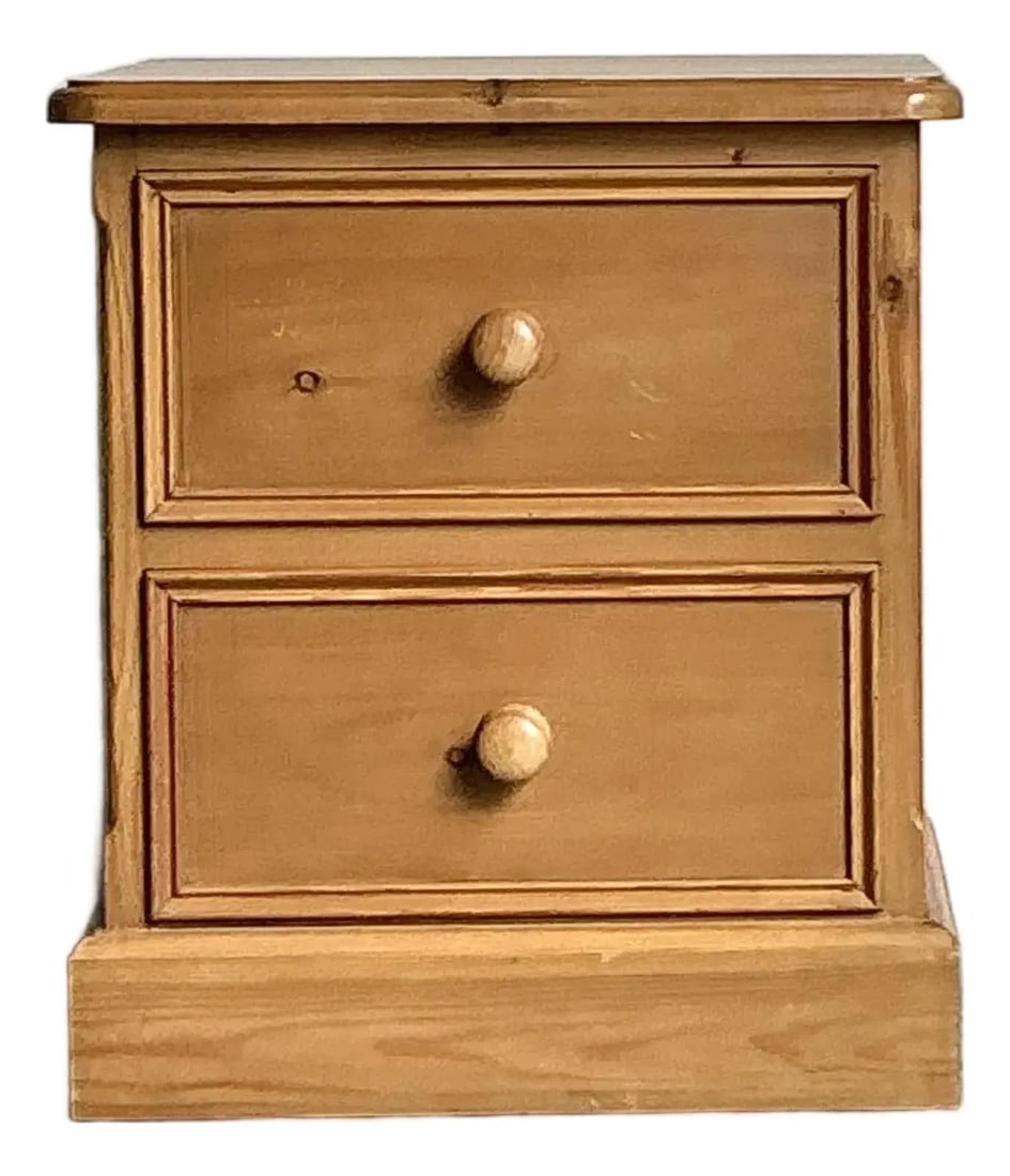 Rustic Knotty Pine Two Drawer Nightstand with Cottage Charm: Rustic Knotty Pine Two Drawer Nightstand with Cottage Charm This vintage boho nightstand is crafted from light-toned knotty pine wood, showcasing a warm, rustic aesthetic inspired by traditional Engli