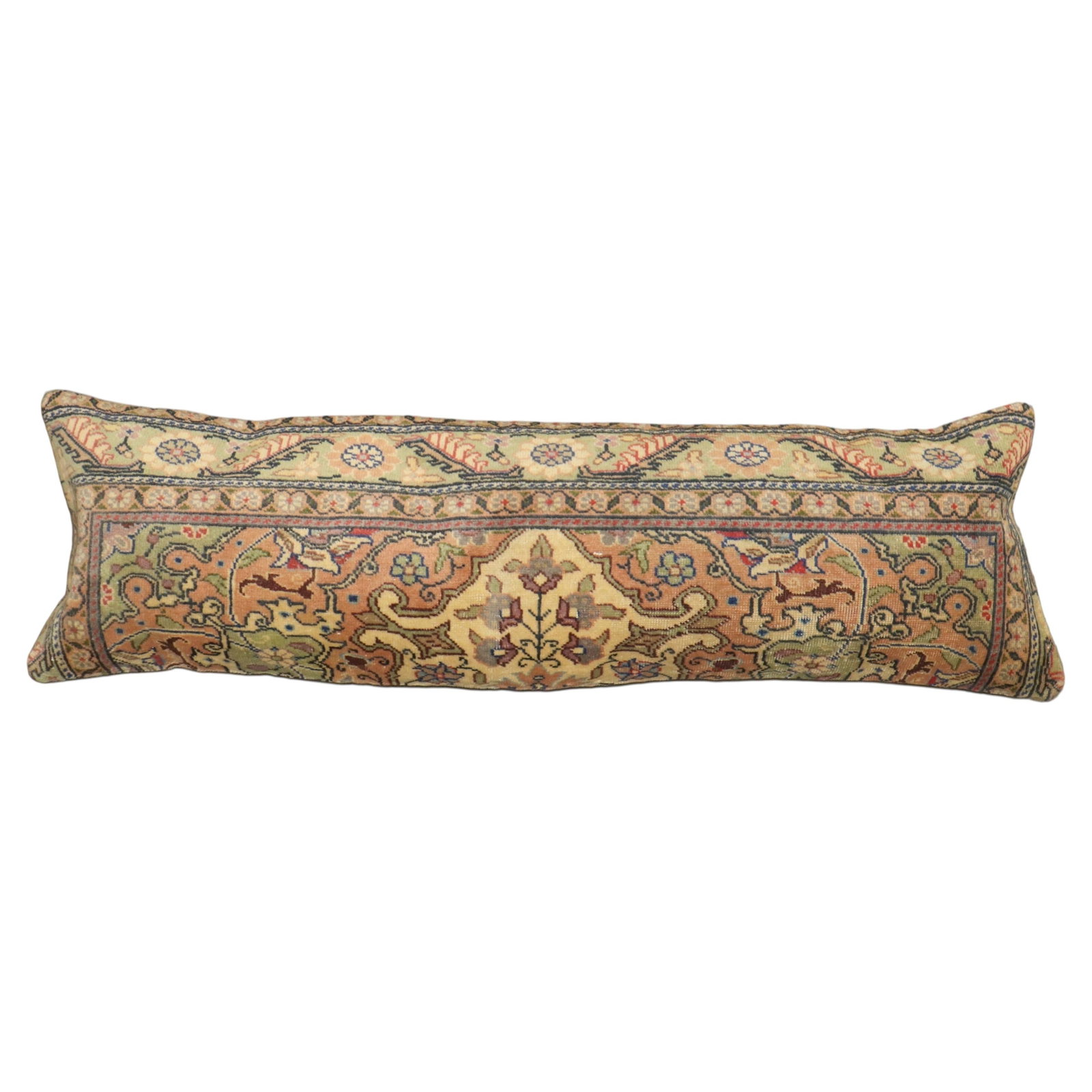 Tabriz Turkish Rug Pillow 15 x 46 Cotton Wool Foam: Tabriz Turkish Rug Pillow 15 x 46 Cotton Wool Foam This large, wide pillow is crafted from an early 20th-century Turkish rug in the Tabriz style. It features a combination of cotton, foam, and wool ma