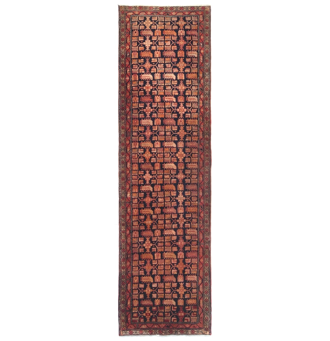 Hand Knotted Wool Tribal Runner 2'9 x 9'9 Plum Vintage: Hand Knotted Wool Tribal Runner 2'9 x 9'9 Plum Vintage This vintage hand-knotted wool runner features a rich plum, red, beige, and tan tribal design, ideal for adding character to hallways or kitchens