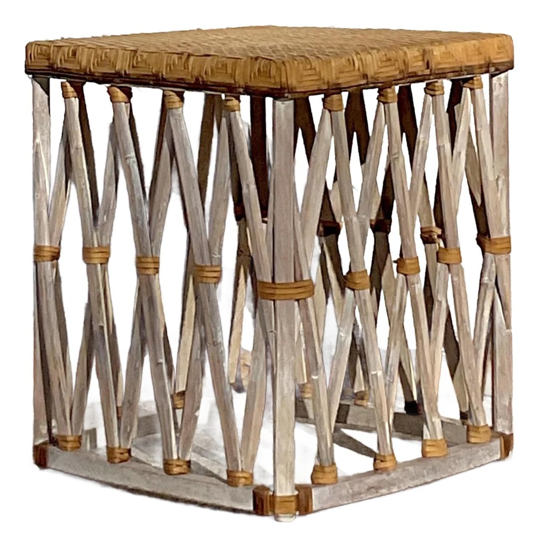 Vintage Boho Equipale Rattan Low Stool 18.25" Square: Vintage Boho Equipale Rattan Low Stool 18.25" Square Discover rustic elegance with this Vintage Boho Equipale Low Stool, a remarkable piece that highlights the traditional craftsmanship of Mexican des