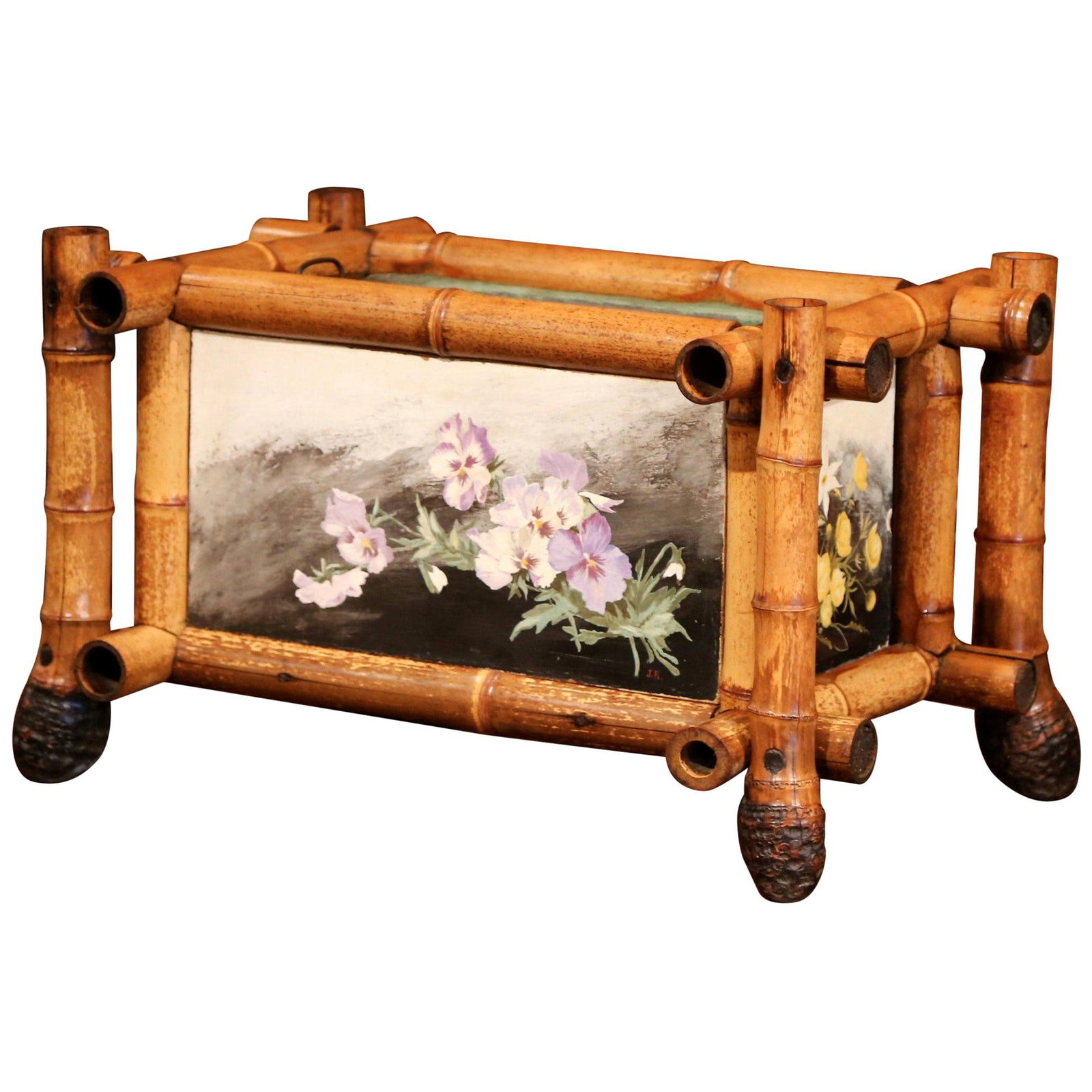 Antique French Bamboo Jardiniere with Hand-Painted Ceramics circa 1920: Antique French Bamboo Jardiniere with Hand-Painted Ceramics circa 1920 Enhance your space with this exquisite early 20th century French bamboo and hand-painted ceramic planter. Crafted in France circa
