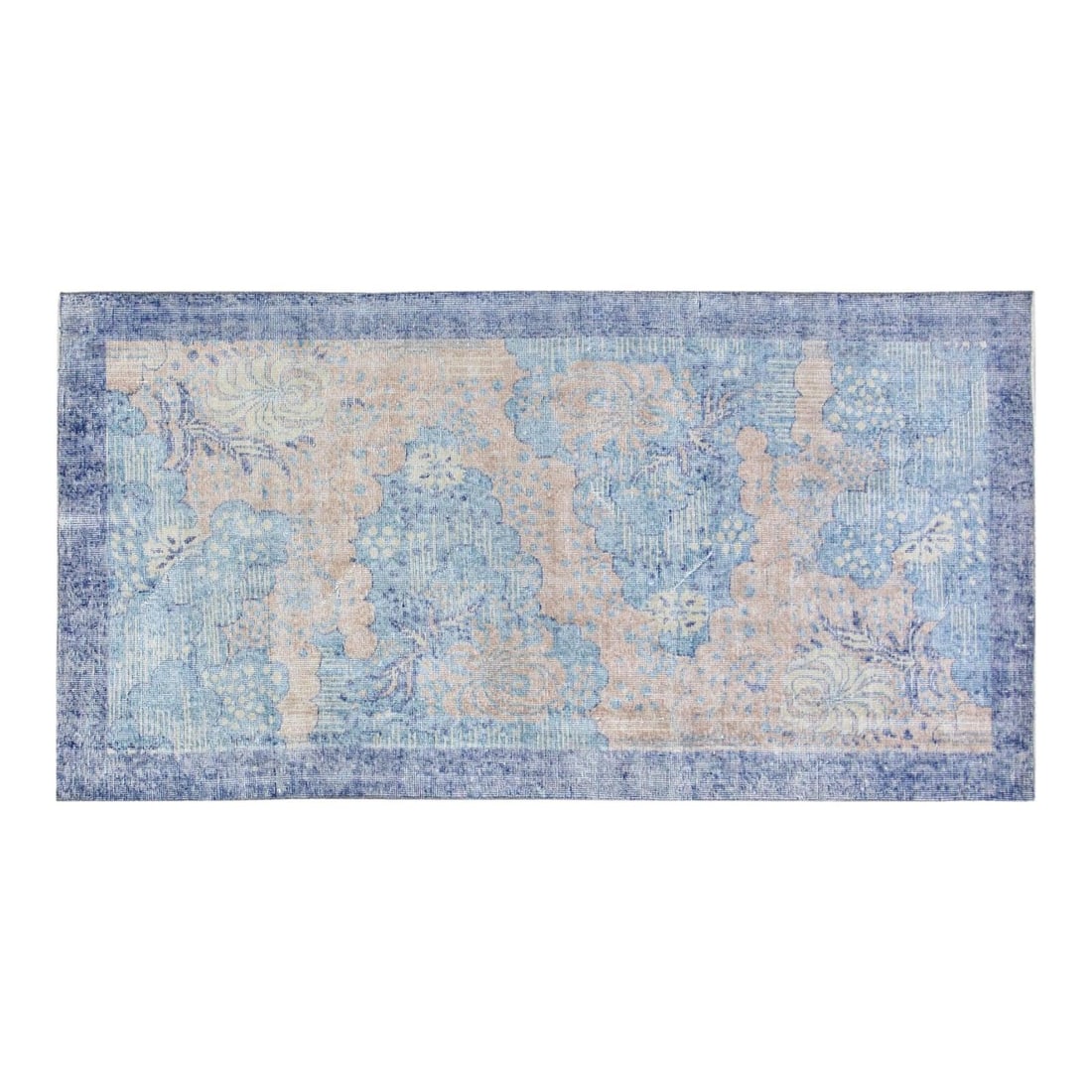 Handmade Wool Anatolian Rug in Blue 3'4" x 6'9": Handmade Wool Anatolian Rug in Blue 3'4" x 6'9" This vintage Turkish Anatolian hand-knotted wool rug features traditional craftsmanship and a blend of timeless and modern design elements. Made from du